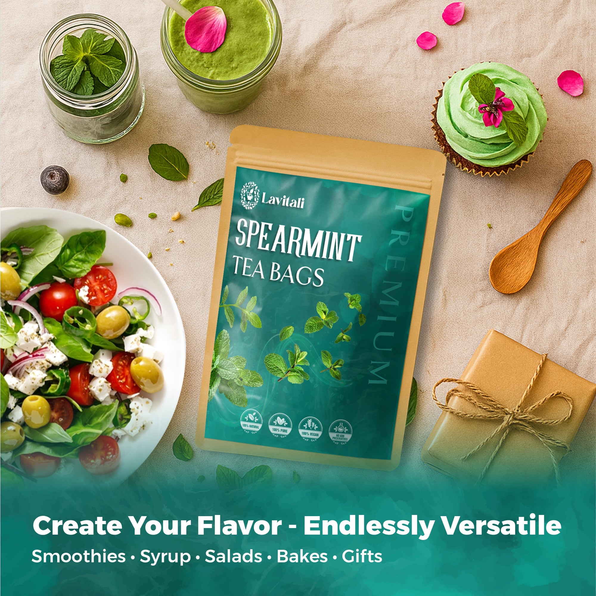 Lavitali, Spearmint Leaves Tea Bag | 100% Pure Herbal Tea | Caffeine-Free, Antioxidant-Rich, Eco-Friendly Filter Bag | Daily Natural Botanical, Hot or Iced Herbal Infusion