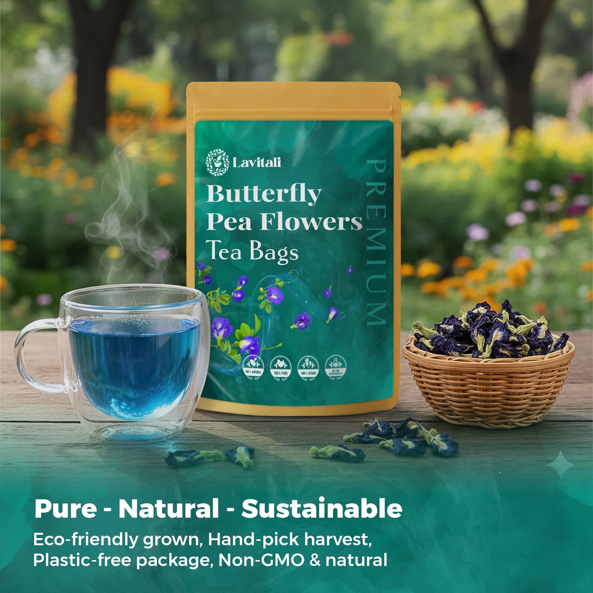Lavitali, Butterfly Pea Flower Tea | 100% Pure Herbal Tea | Caffeine-Free, Antioxidant-Rich, Eco-Friendly Filter Bag | Daily Natural Botanical, Hot or Iced Floral Infusion