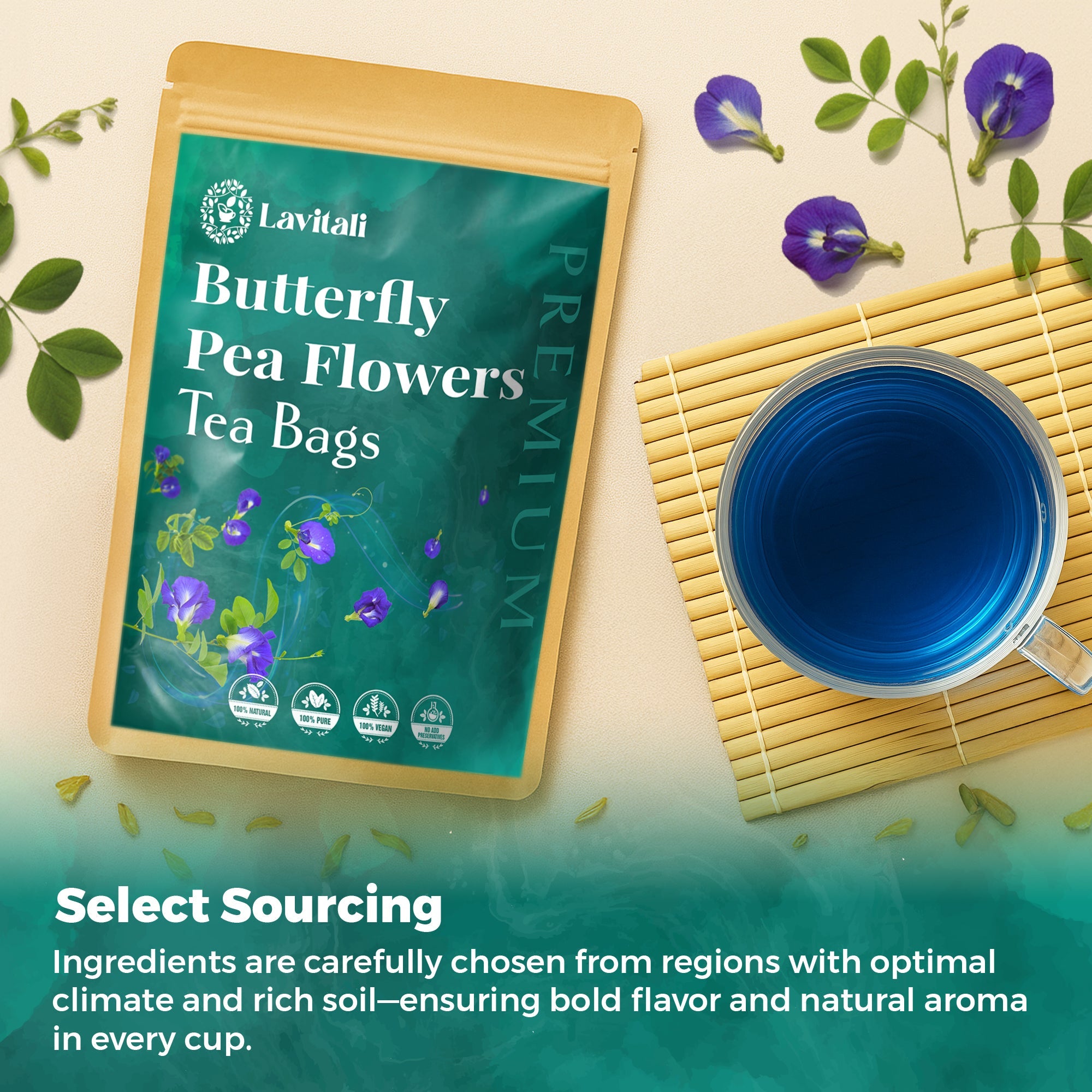 Lavitali, Butterfly Pea Flower Tea | 100% Pure Herbal Tea | Caffeine-Free, Antioxidant-Rich, Eco-Friendly Filter Bag | Daily Natural Botanical, Hot or Iced Floral Infusion