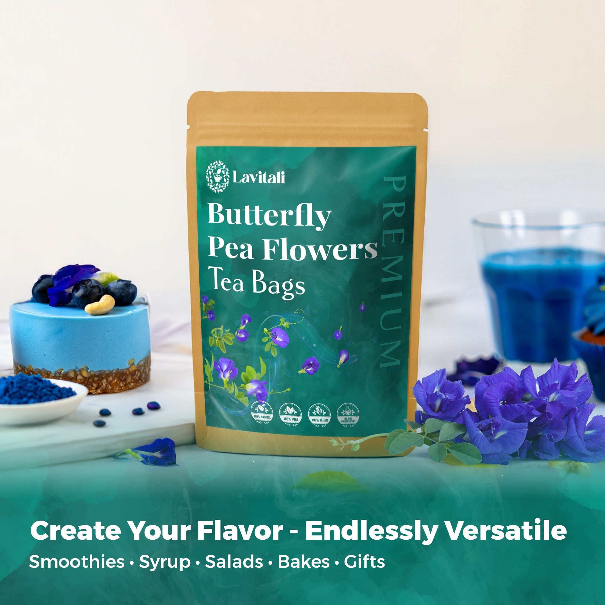 Lavitali, Butterfly Pea Flower Tea | 100% Pure Herbal Tea | Caffeine-Free, Antioxidant-Rich, Eco-Friendly Filter Bag | Daily Natural Botanical, Hot or Iced Floral Infusion