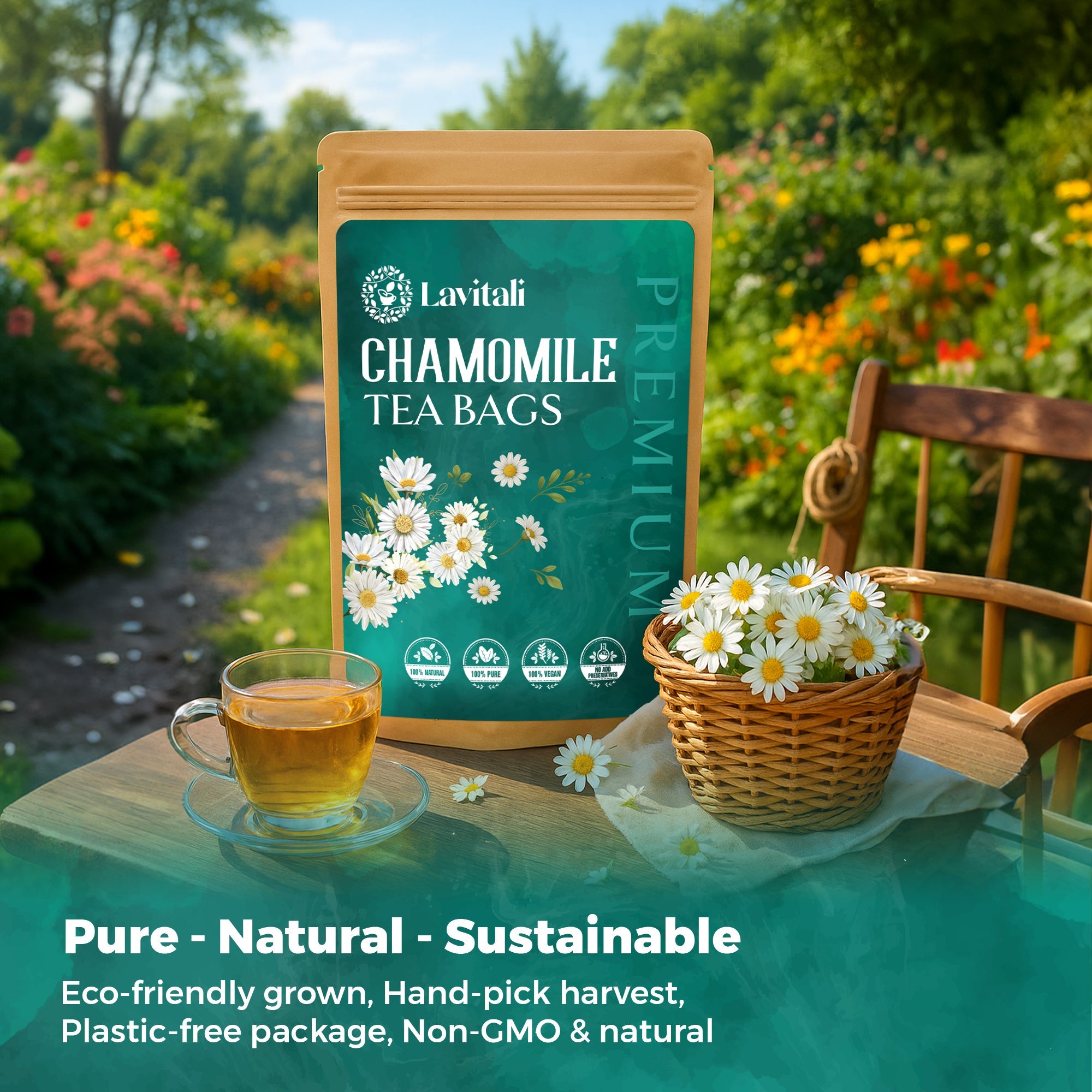Lavitali, Chamomile Flower Tea| 100% Pure Herbal Tea | Caffeine-Free, Antioxidant-Rich, Eco-Friendly Filter Bag | Daily Natural Botanical, Hot or Iced Floral Infusion