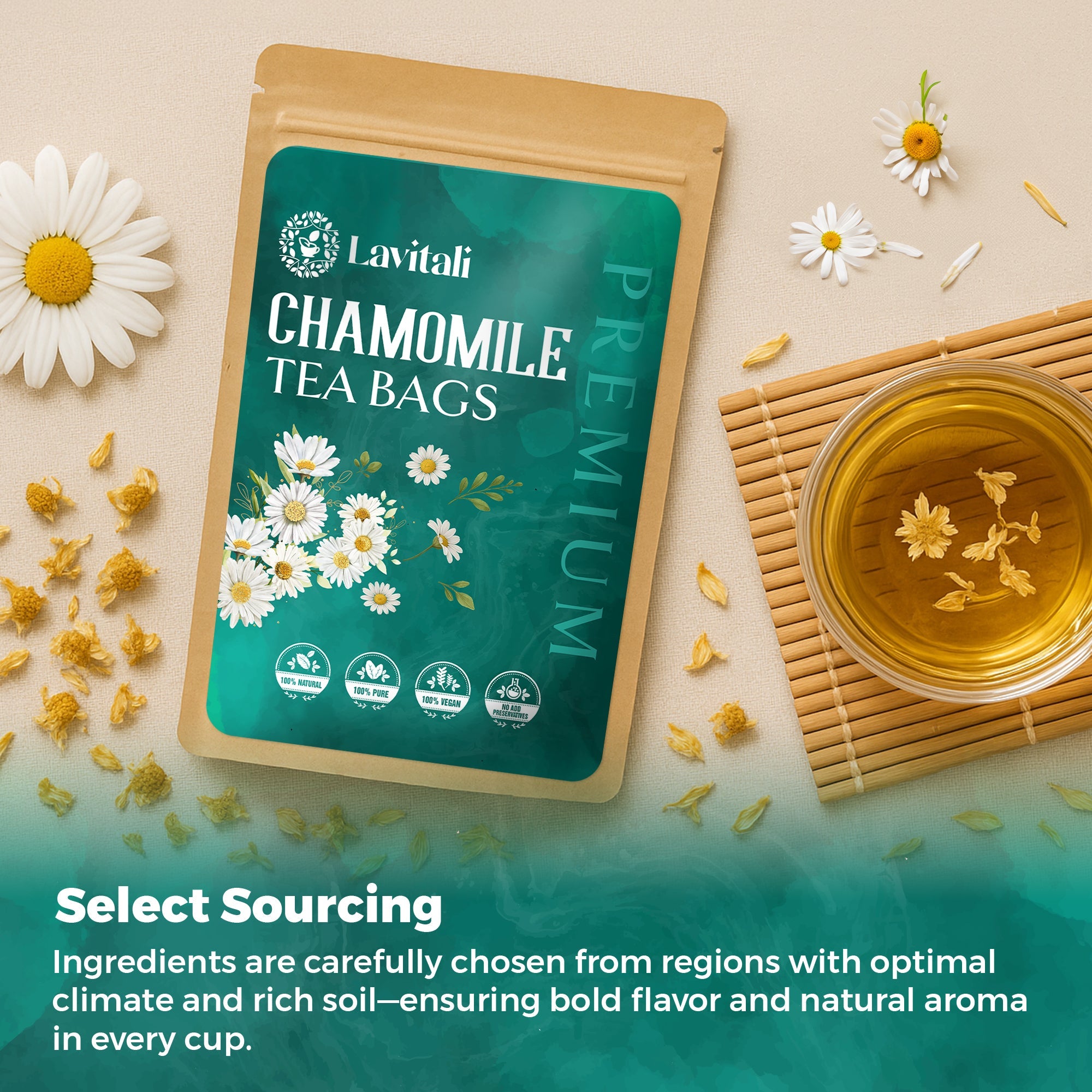 Lavitali, Chamomile Flower Tea| 100% Pure Herbal Tea | Caffeine-Free, Antioxidant-Rich, Eco-Friendly Filter Bag | Daily Natural Botanical, Hot or Iced Floral Infusion
