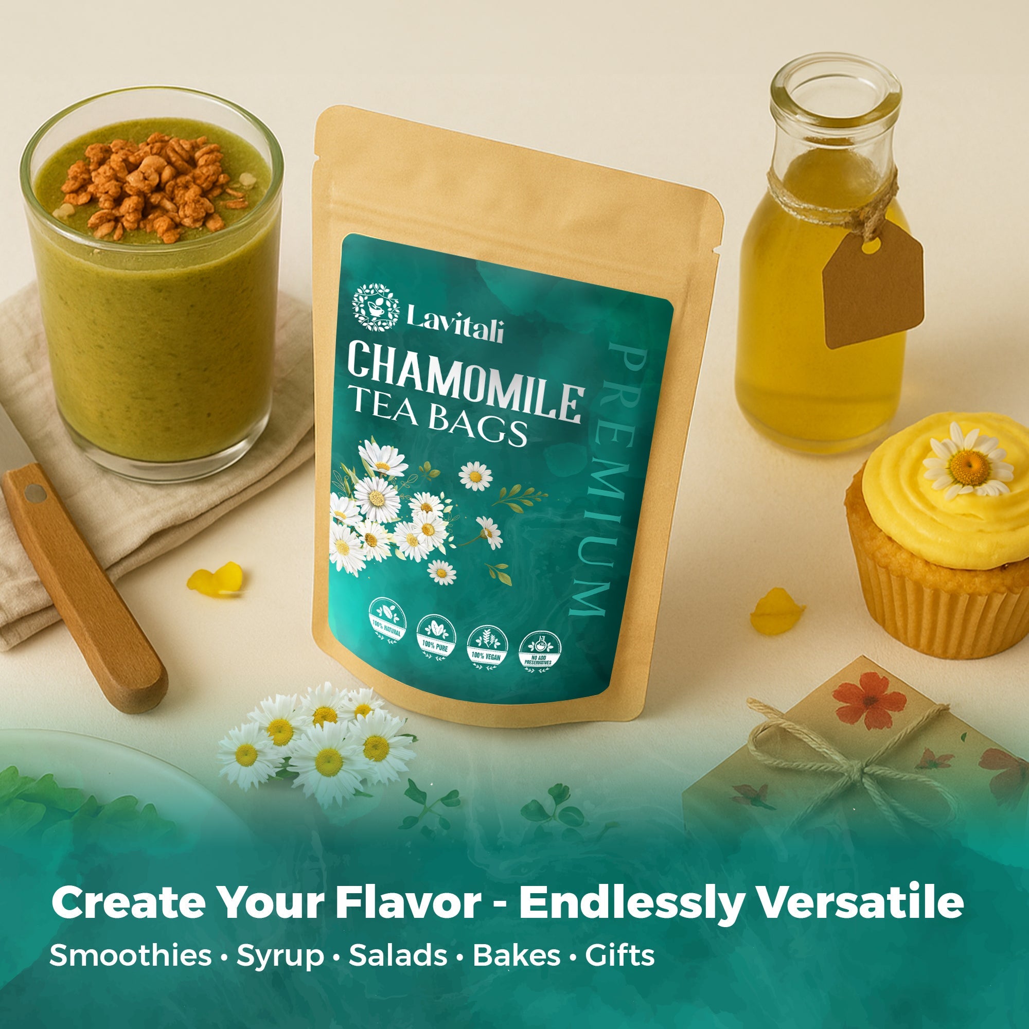 Lavitali, Chamomile Flower Tea| 100% Pure Herbal Tea | Caffeine-Free, Antioxidant-Rich, Eco-Friendly Filter Bag | Daily Natural Botanical, Hot or Iced Floral Infusion