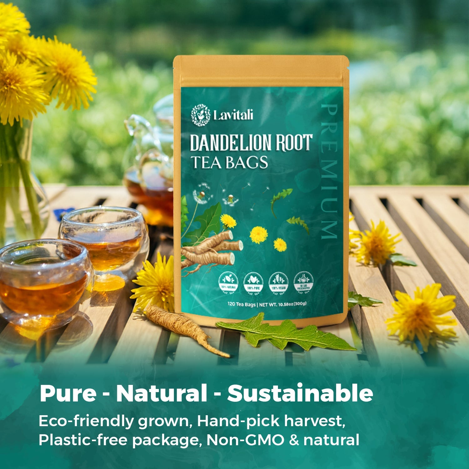 Lavitali, Dandelion Tea Bags | 100% Pure Herbal Tea | Caffeine-Free, Eco-Friendly Filter Bag | Daily Natural Botanical, Hot or Iced Herbal Infusion