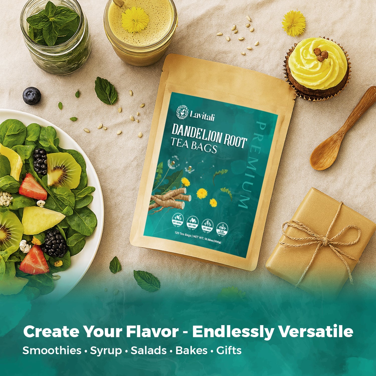 Lavitali, Dandelion Tea Bags | 100% Pure Herbal Tea | Caffeine-Free, Eco-Friendly Filter Bag | Daily Natural Botanical, Hot or Iced Herbal Infusion