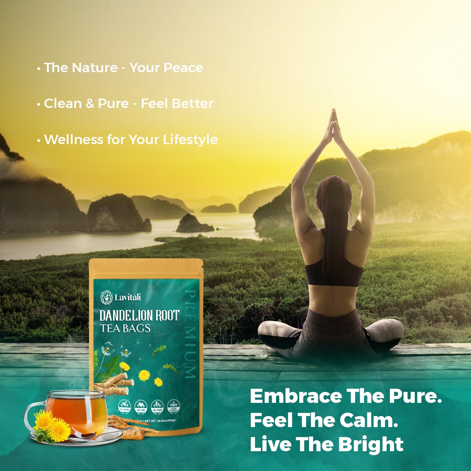 Lavitali, Dandelion Tea Bags | 100% Pure Herbal Tea | Caffeine-Free, Eco-Friendly Filter Bag | Daily Natural Botanical, Hot or Iced Herbal Infusion