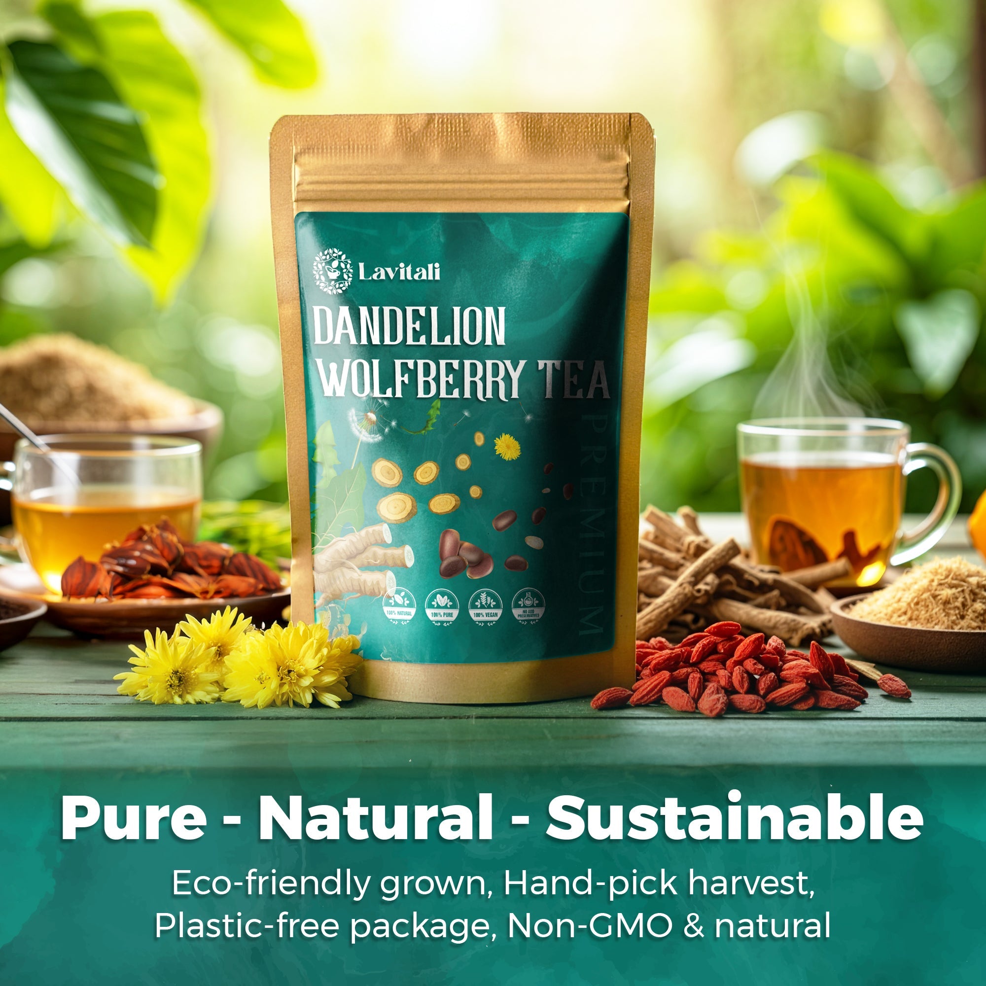 Lavitali, Dandelion Wolfberry Tea | 100% Pure Herbal Tea | Caffeine-Free, Antioxidant-Rich, Eco-Friendly Filter Bag | Daily Natural Botanical, Hot or Iced Herbal Infusion