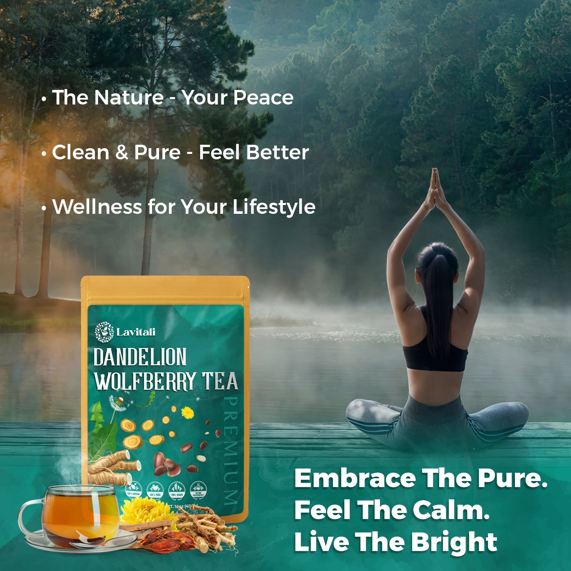 Lavitali, Dandelion Wolfberry Tea | 100% Pure Herbal Tea | Caffeine-Free, Antioxidant-Rich, Eco-Friendly Filter Bag | Daily Natural Botanical, Hot or Iced Herbal Infusion