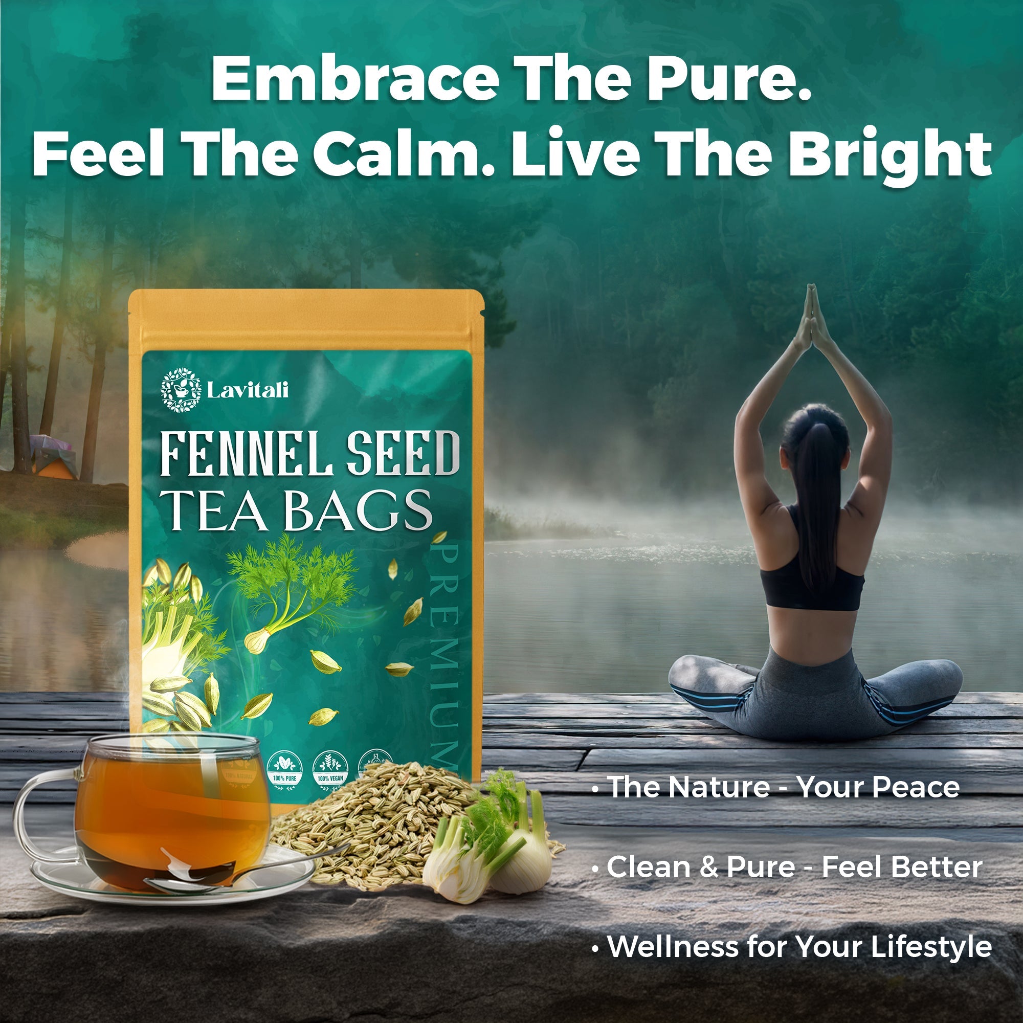 Lavitali, Fennel Tea Bags | 100% Pure Herbal Tea | Caffeine-Free, Natural Essential Oil, Eco-Friendly Filter Bag | Daily Natural Botanical, Hot or Iced Herbal Infusion
