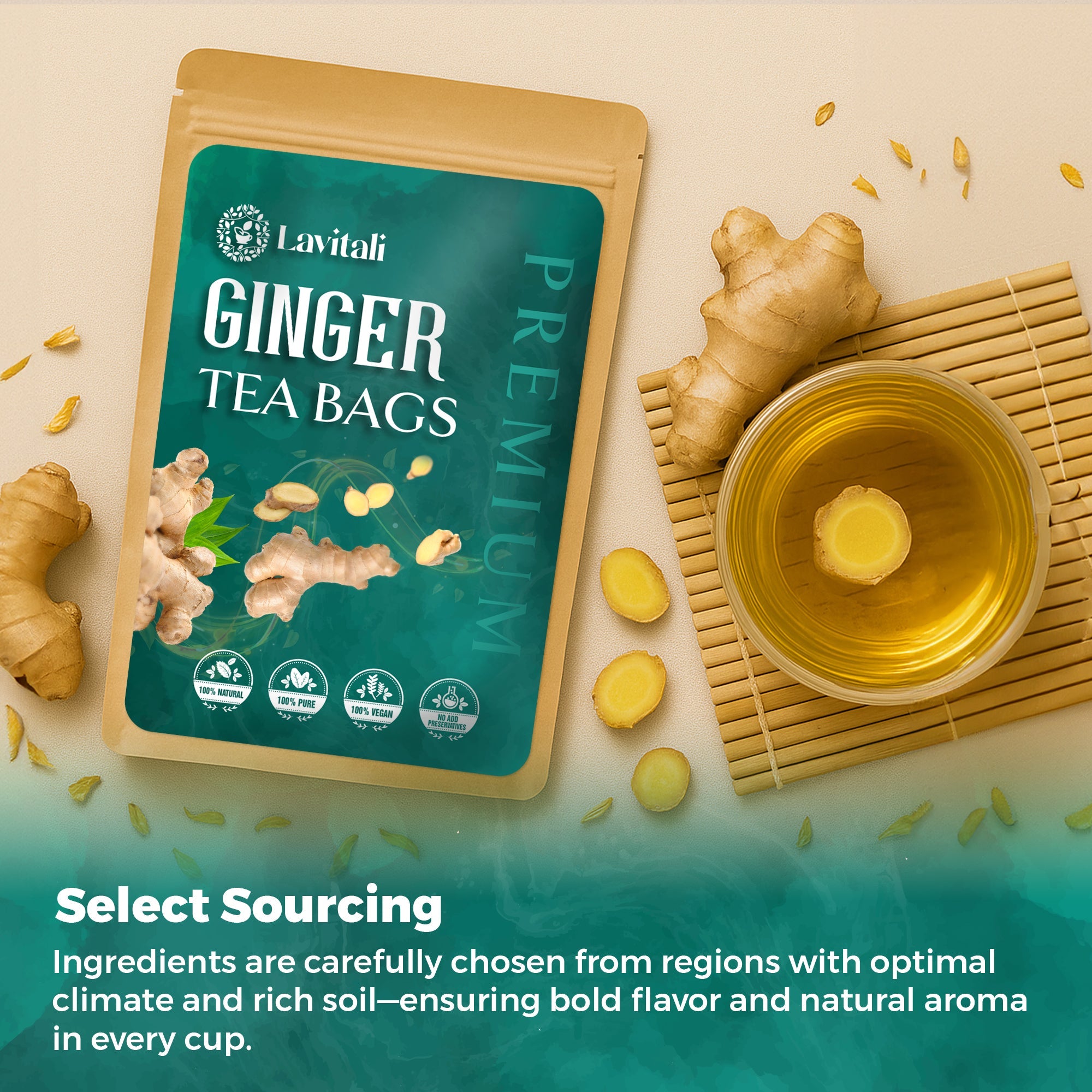 Lavitali, Ginger Tea Bags | 100% Pure Herbal Tea | Caffeine-Free, No Sugar, Eco-Friendly Filter Bags | Daily Natural Botanical, Hot or Iced Herbal Infusion