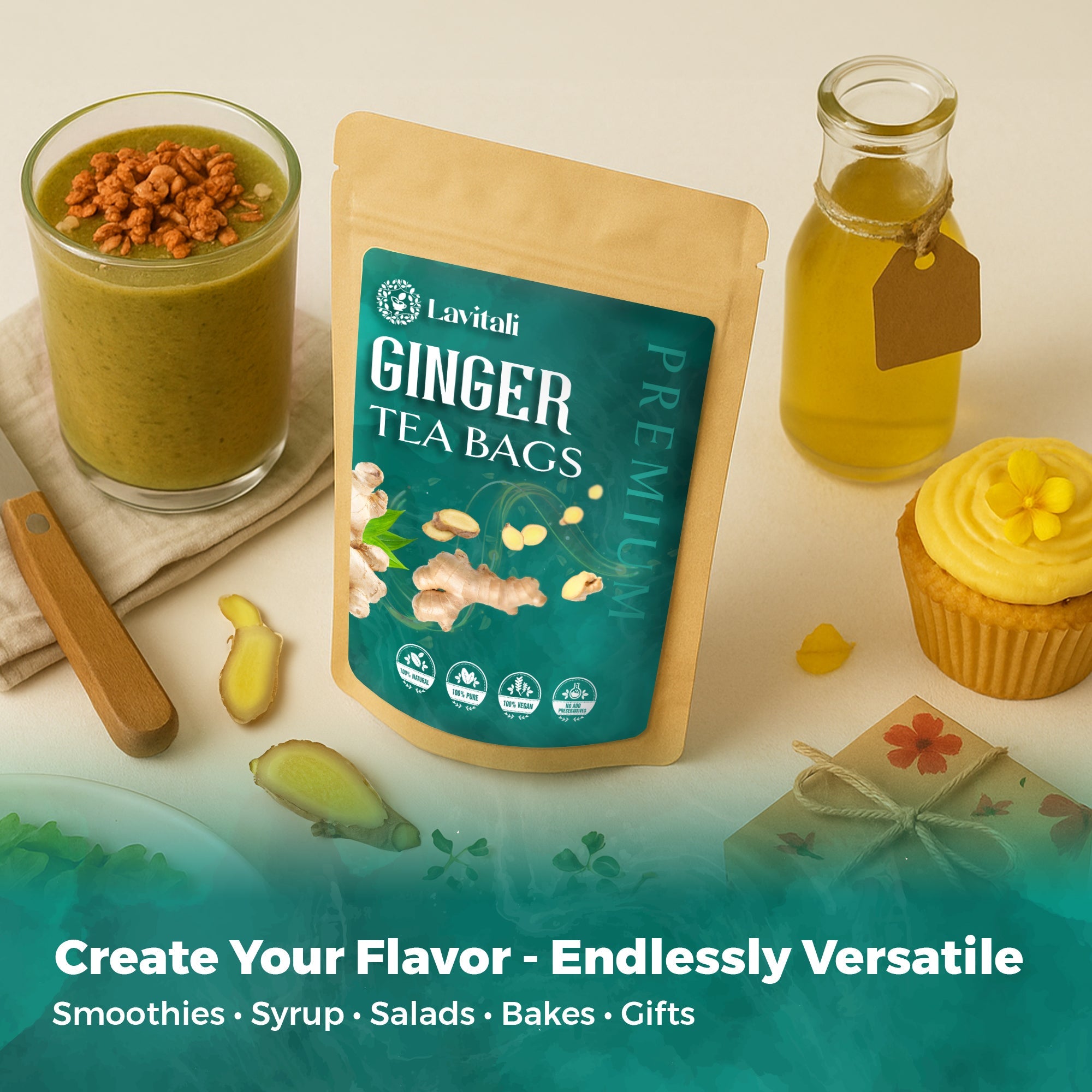 Lavitali, Ginger Tea Bags | 100% Pure Herbal Tea | Caffeine-Free, No Sugar, Eco-Friendly Filter Bags | Daily Natural Botanical, Hot or Iced Herbal Infusion
