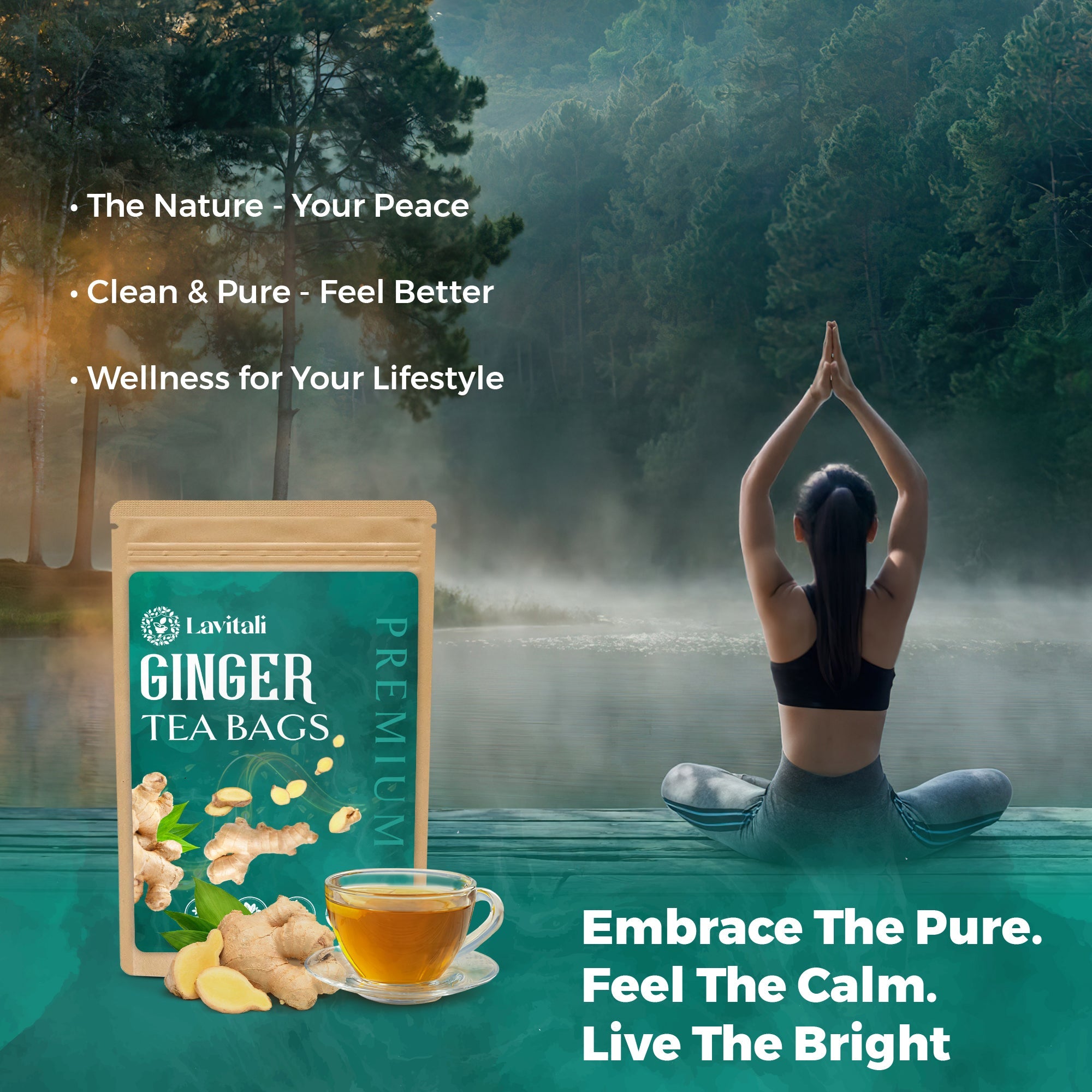 Lavitali, Ginger Tea Bags | 100% Pure Herbal Tea | Caffeine-Free, No Sugar, Eco-Friendly Filter Bags | Daily Natural Botanical, Hot or Iced Herbal Infusion