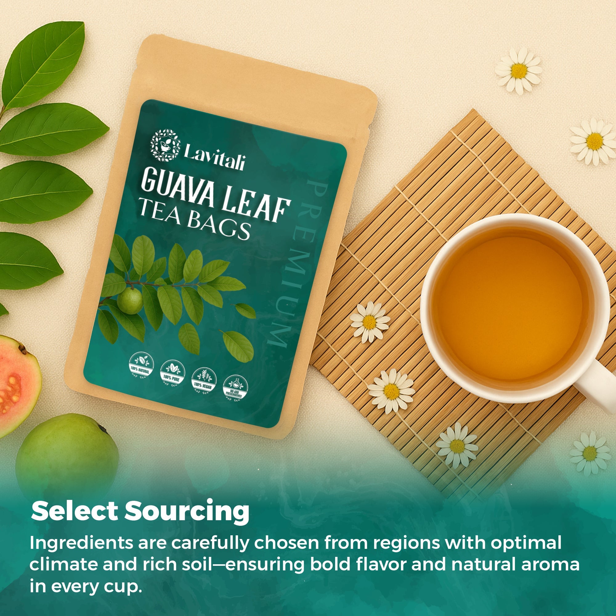 Lavitali, Guava Leaves Tea Bags | 100% Pure Herbal Tea | Caffeine-Free, No Sugar, Eco-Friendly Filter Bags | Daily Natural Botanical, Hot or Iced Herbal Infusion