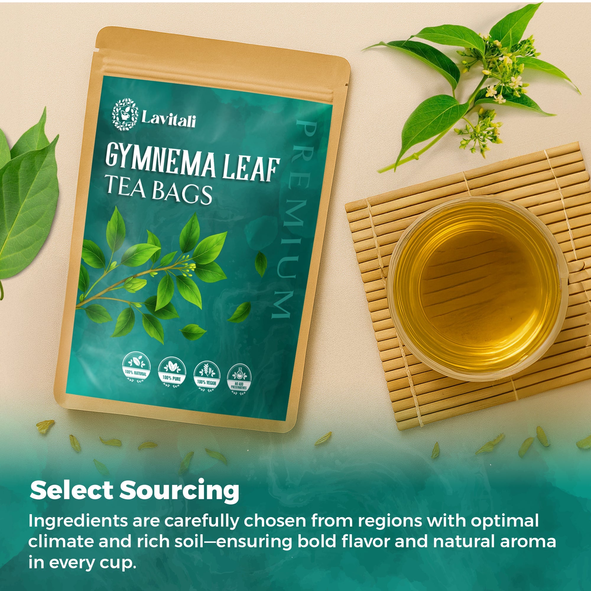 Lavitali, Gymnema Leaves Tea Bags | 100% Pure Herbal Tea | Caffeine-Free, Antioxidant-Rich, Eco-Friendly Filter Bag | Daily Natural Botanical, Hot or Iced Herbal Infusion