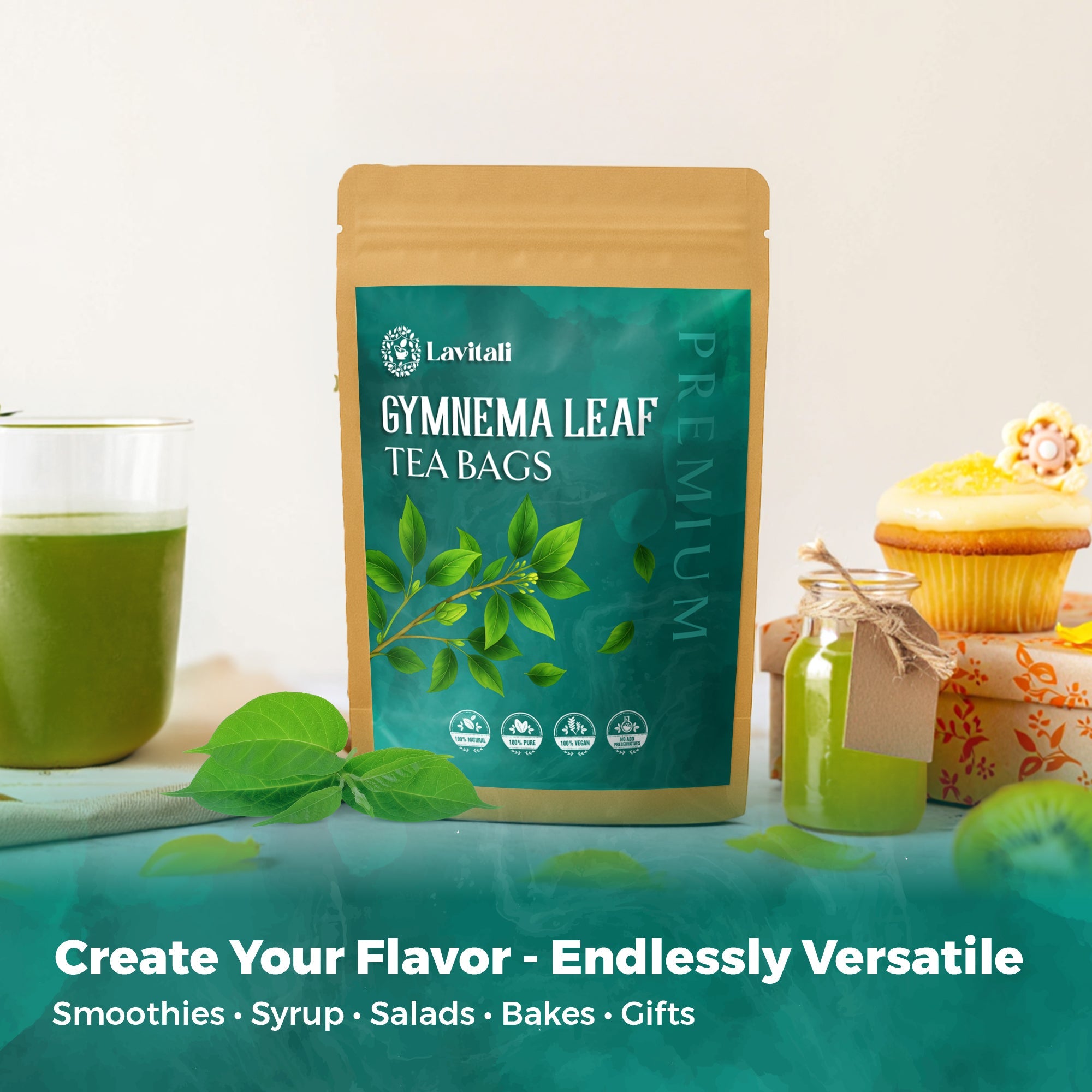 Lavitali, Gymnema Leaves Tea Bags | 100% Pure Herbal Tea | Caffeine-Free, Antioxidant-Rich, Eco-Friendly Filter Bag | Daily Natural Botanical, Hot or Iced Herbal Infusion