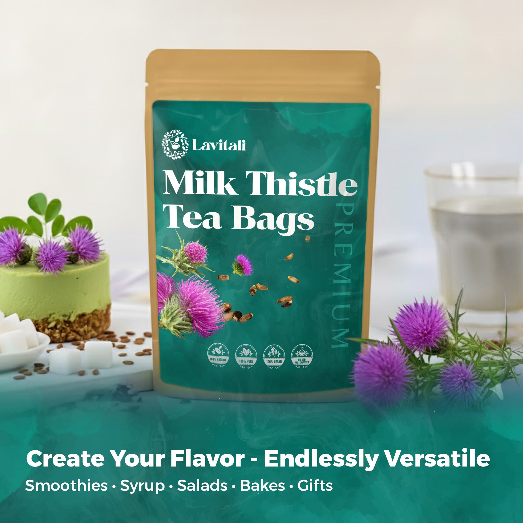 Lavitali, Milk Thistle Tea Bags | 100% Pure Herbal Tea | Caffeine-Free, Antioxidant-Rich, Eco-Friendly Filter Bags | Daily Natural Botanical, Hot or Iced Herbal Infusion