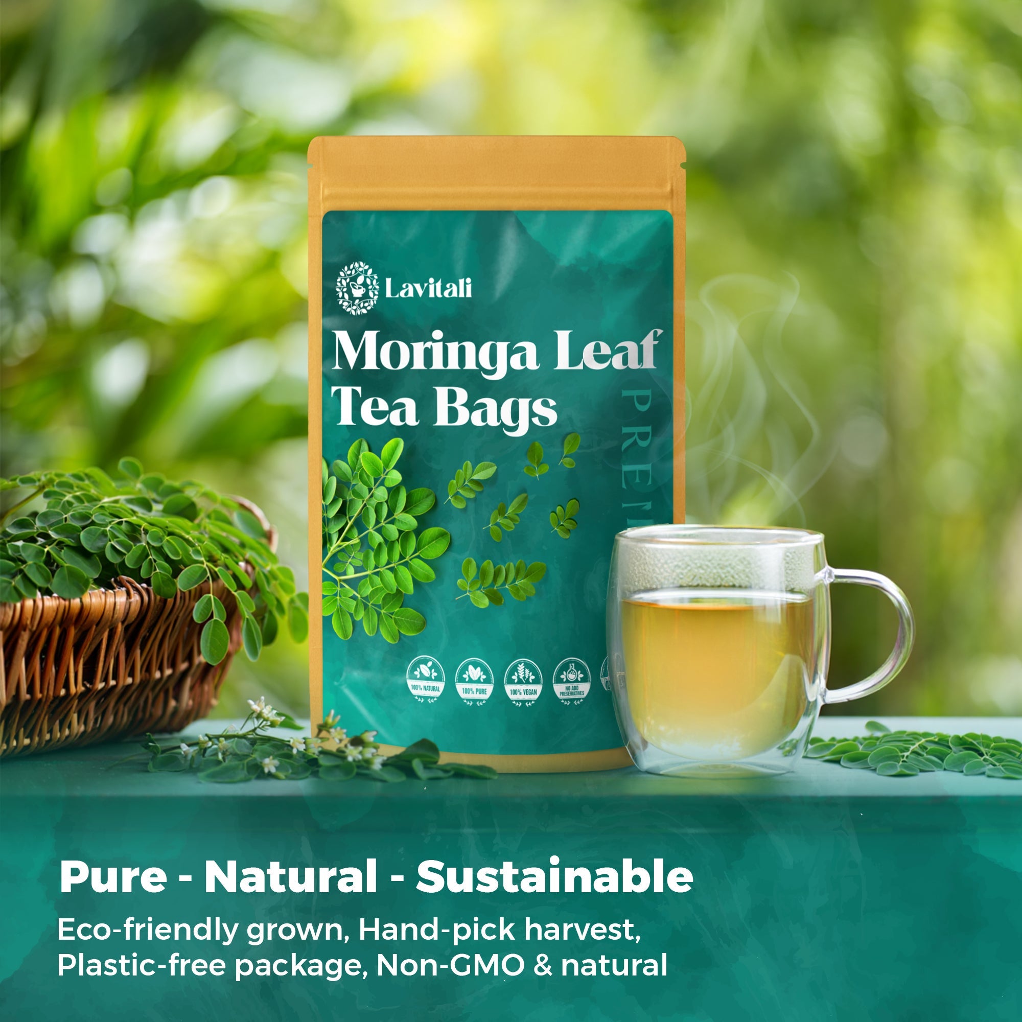 Lavitali, Moringa Leaves Tea Bags | 100% Pure Herbal Tea | Caffeine-Free, Eco-Friendly Filter Bags | Daily Natural Botanical, Hot or Iced Herbal Infusion