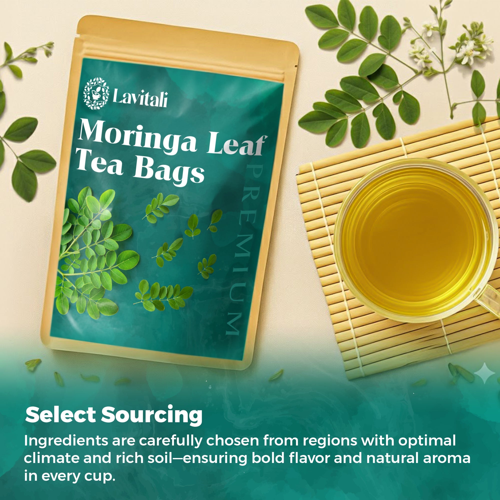 Lavitali, Moringa Leaves Tea Bags | 100% Pure Herbal Tea | Caffeine-Free, Eco-Friendly Filter Bags | Daily Natural Botanical, Hot or Iced Herbal Infusion