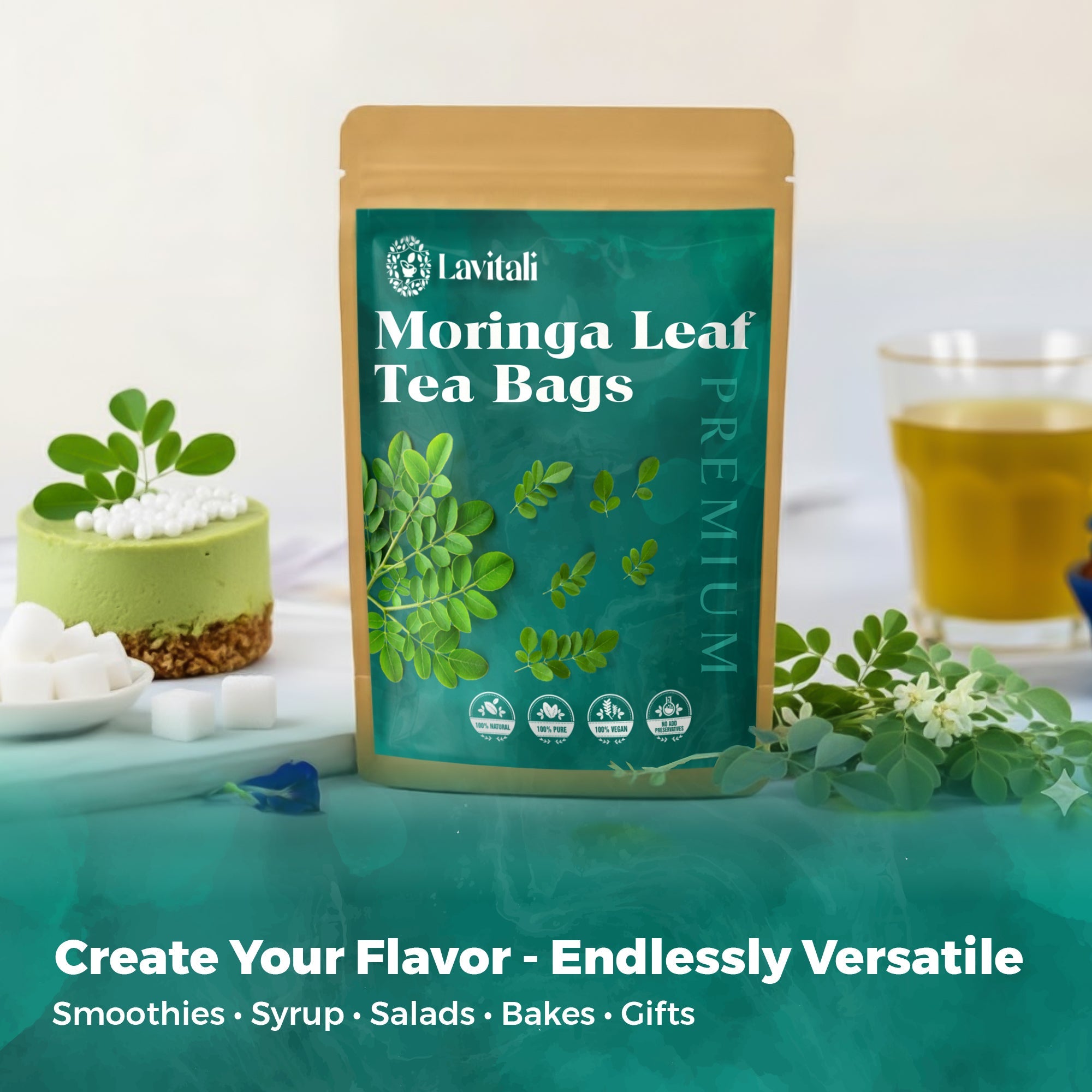 Lavitali, Moringa Leaves Tea Bags | 100% Pure Herbal Tea | Caffeine-Free, Eco-Friendly Filter Bags | Daily Natural Botanical, Hot or Iced Herbal Infusion