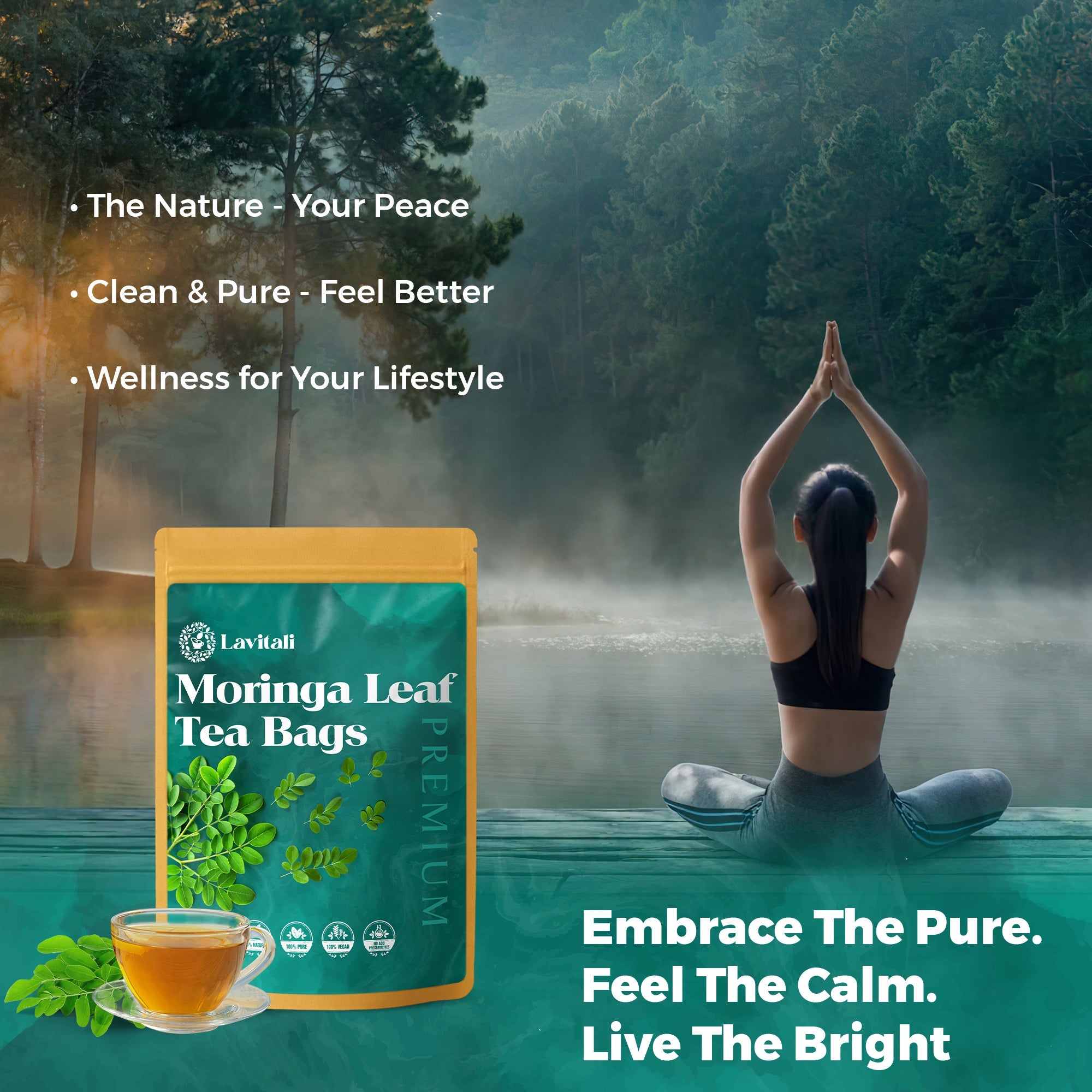 Lavitali, Moringa Leaves Tea Bags | 100% Pure Herbal Tea | Caffeine-Free, Eco-Friendly Filter Bags | Daily Natural Botanical, Hot or Iced Herbal Infusion