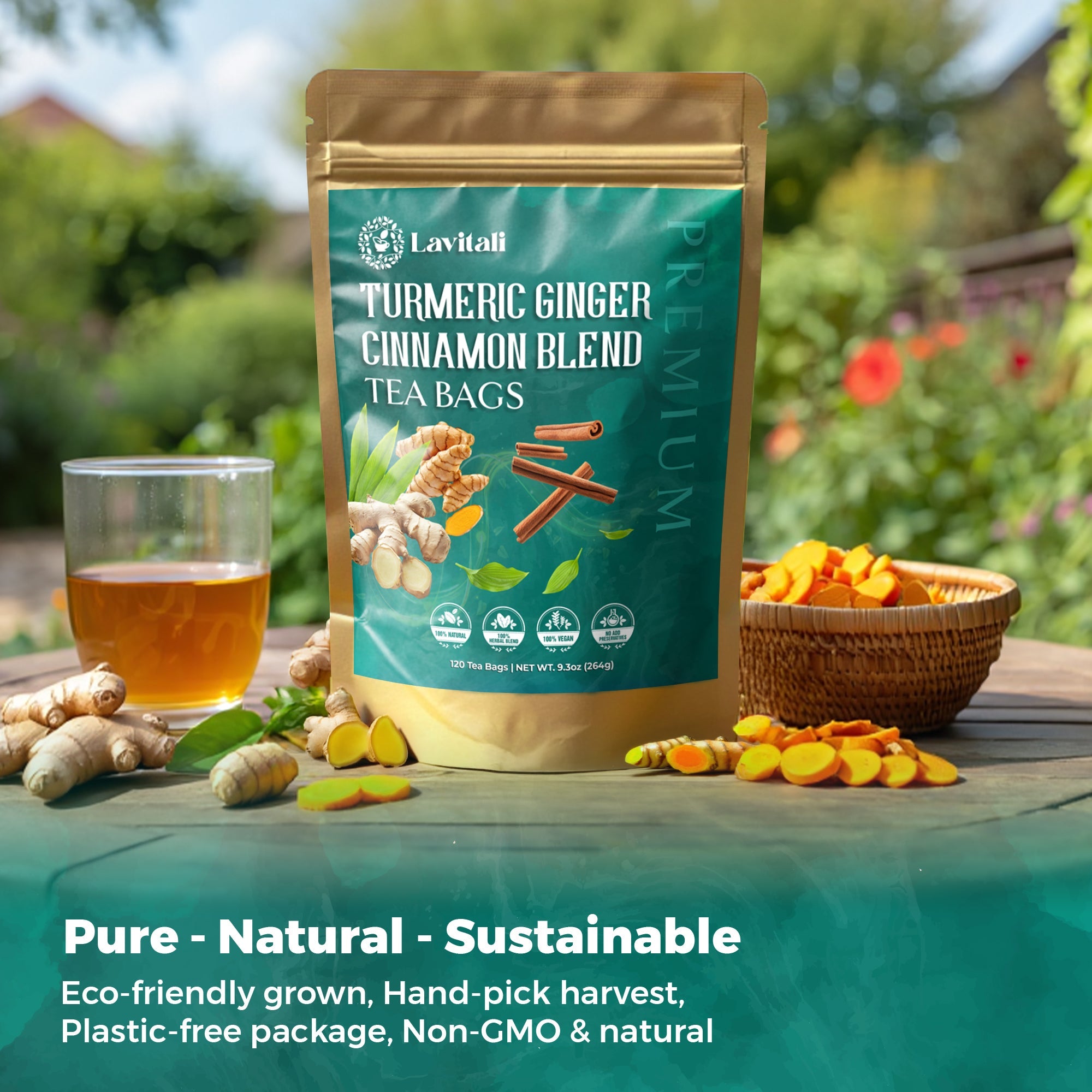 Lavitali, Ginger Turmeric Cinnamon Tea | 100% Pure Herbal Tea | Caffeine-Free, No Sugar, Eco-Friendly Filter Bag | Daily Natural Botanical, Hot or Iced Herbal Infusion