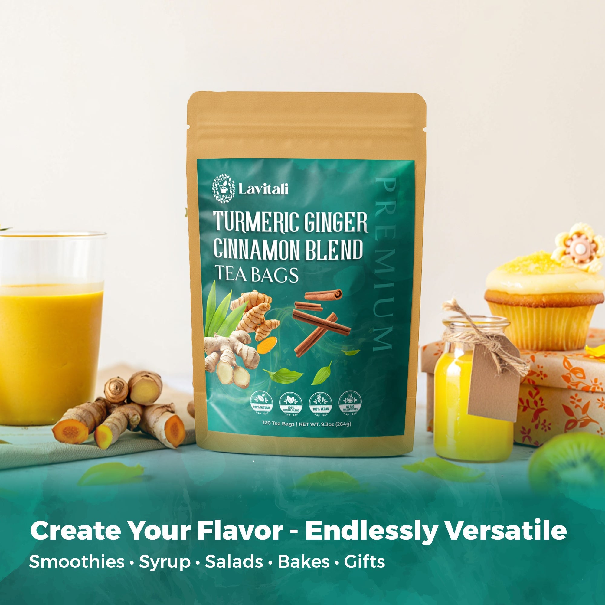 Lavitali, Ginger Turmeric Cinnamon Tea | 100% Pure Herbal Tea | Caffeine-Free, No Sugar, Eco-Friendly Filter Bag | Daily Natural Botanical, Hot or Iced Herbal Infusion