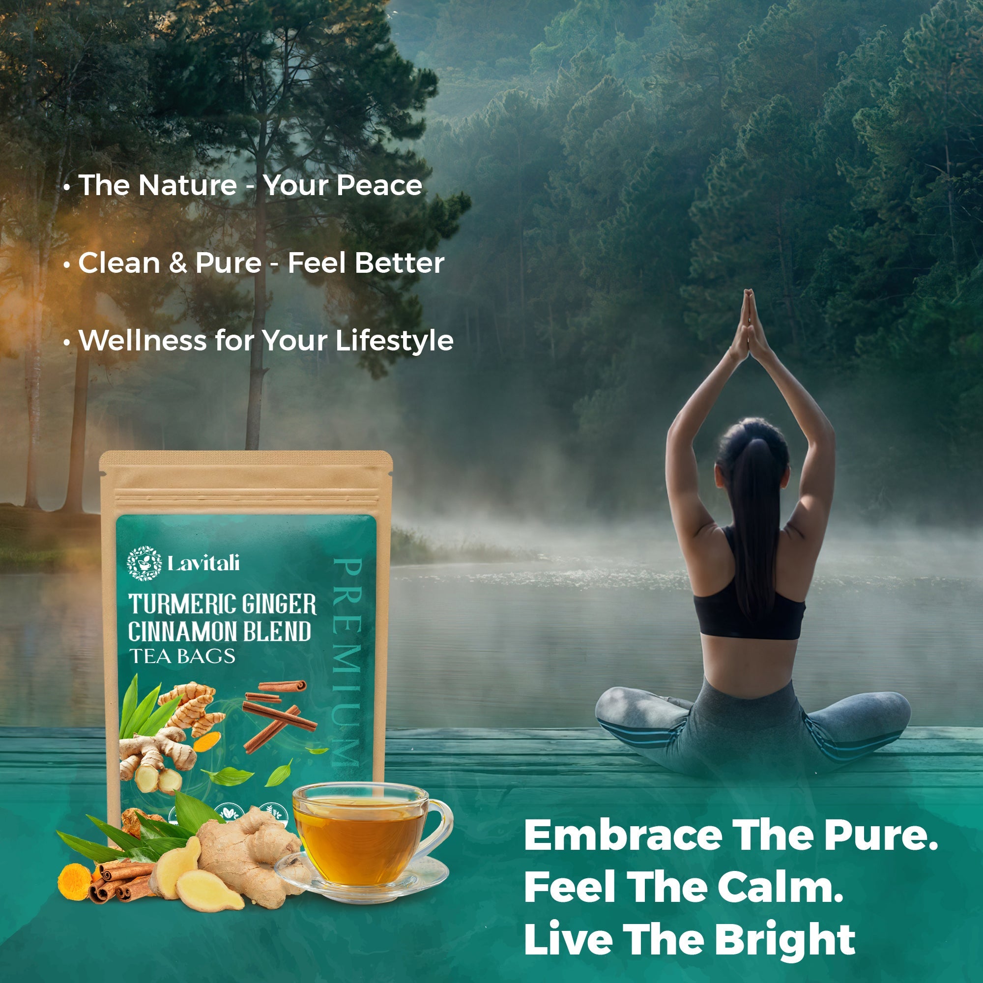 Lavitali, Ginger Turmeric Cinnamon Tea | 100% Pure Herbal Tea | Caffeine-Free, No Sugar, Eco-Friendly Filter Bag | Daily Natural Botanical, Hot or Iced Herbal Infusion