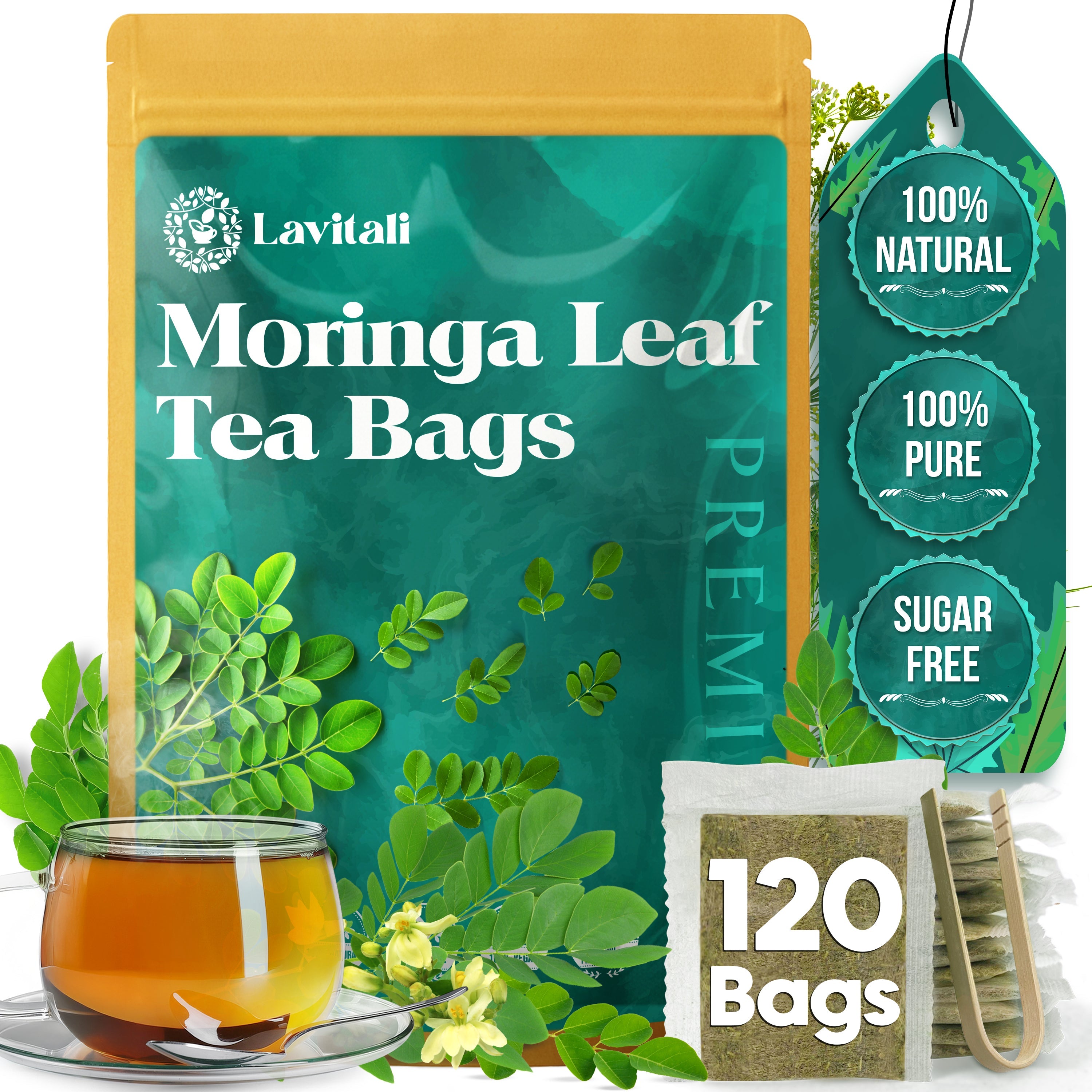 Lavitali, Moringa Leaves Tea Bags | 100% Pure Herbal Tea | Caffeine-Free, Eco-Friendly Filter Bags | Daily Natural Botanical, Hot or Iced Herbal Infusion