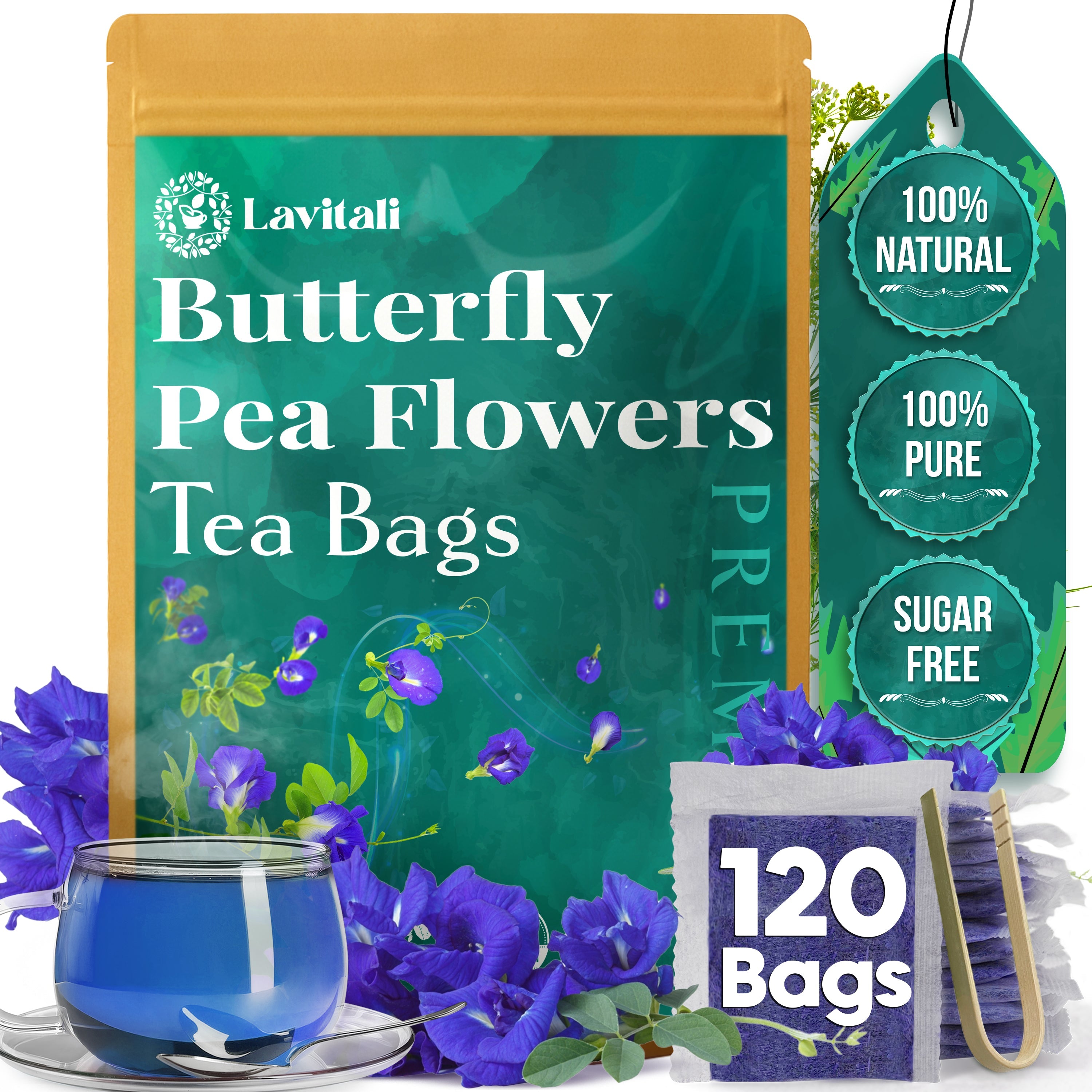 Lavitali, Butterfly Pea Flower Tea | 100% Pure Herbal Tea | Caffeine-Free, Antioxidant-Rich, Eco-Friendly Filter Bag | Daily Natural Botanical, Hot or Iced Floral Infusion