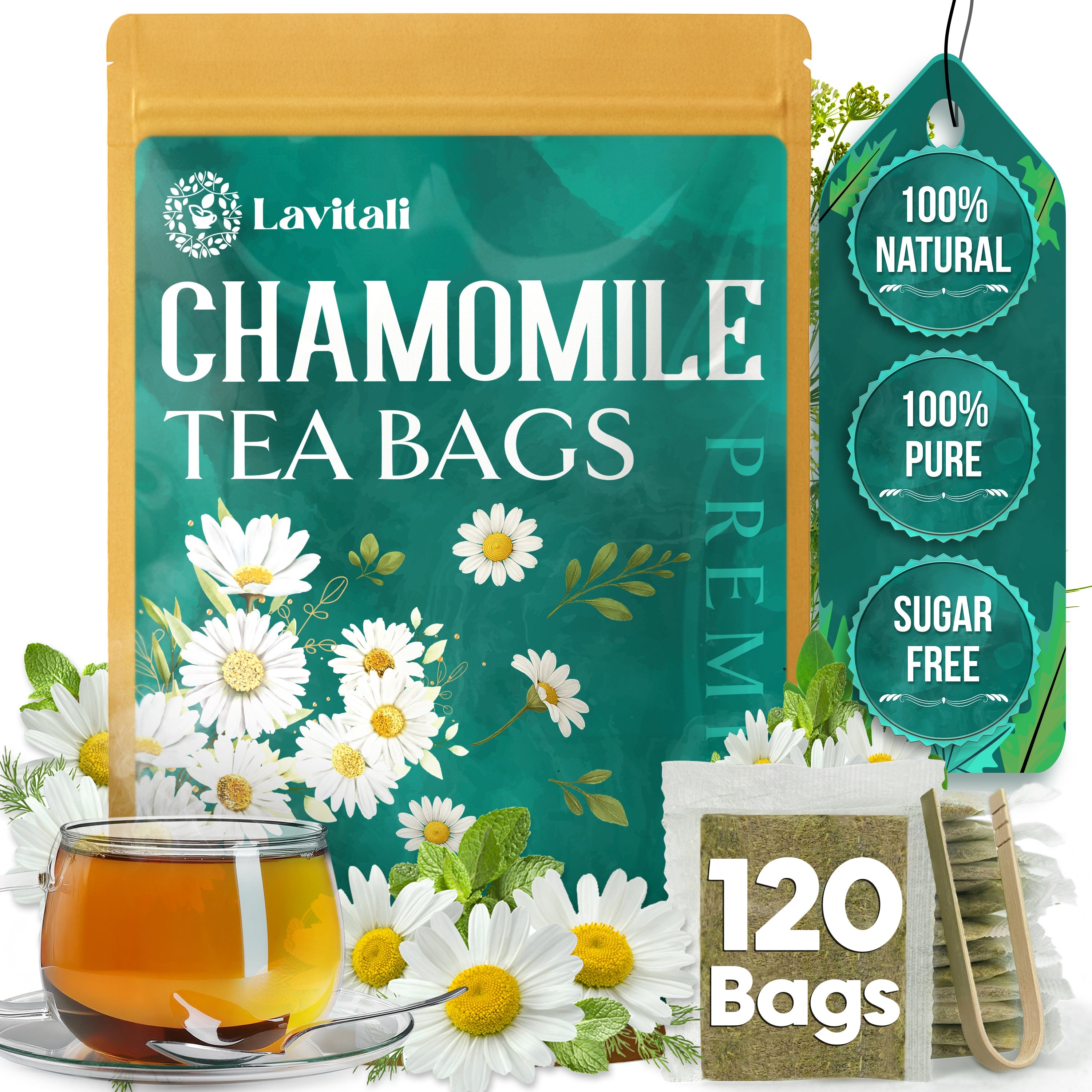 Lavitali, Chamomile Flower Tea| 100% Pure Herbal Tea | Caffeine-Free, Antioxidant-Rich, Eco-Friendly Filter Bag | Daily Natural Botanical, Hot or Iced Floral Infusion