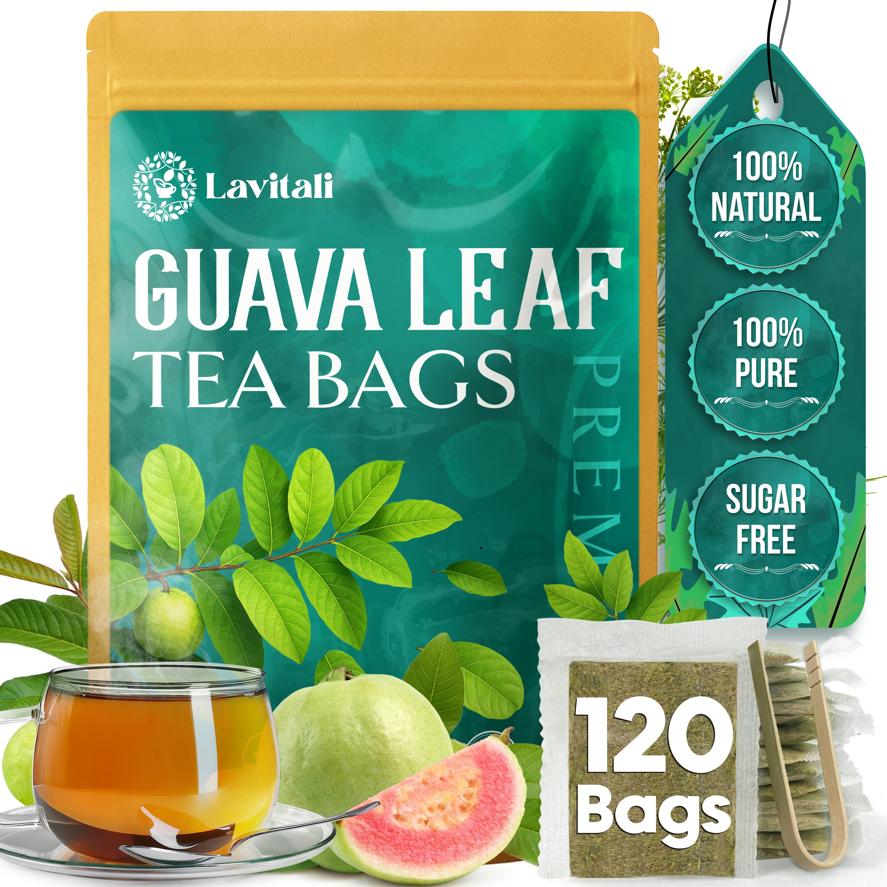 Lavitali, Guava Leaves Tea Bags | 100% Pure Herbal Tea | Caffeine-Free, No Sugar, Eco-Friendly Filter Bags | Daily Natural Botanical, Hot or Iced Herbal Infusion