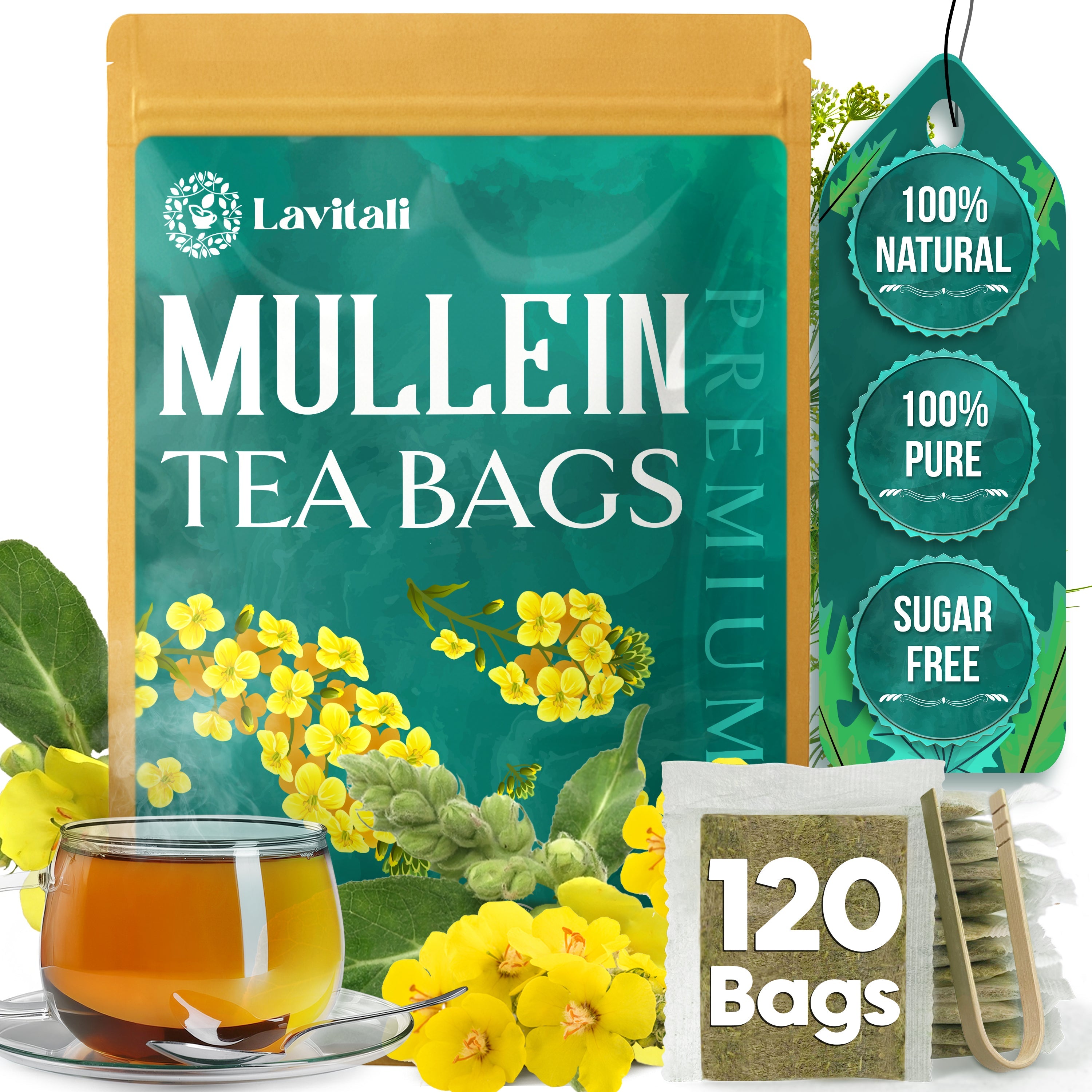 Lavitali, Mullein Leaves Tea Bags | 60 bags, 100% Pure Herbal Tea | Caffeine-Free, No Sugar, Eco-Friendly Filter Bags | Daily Natural Botanical, Hot or Iced Herbal Infusion