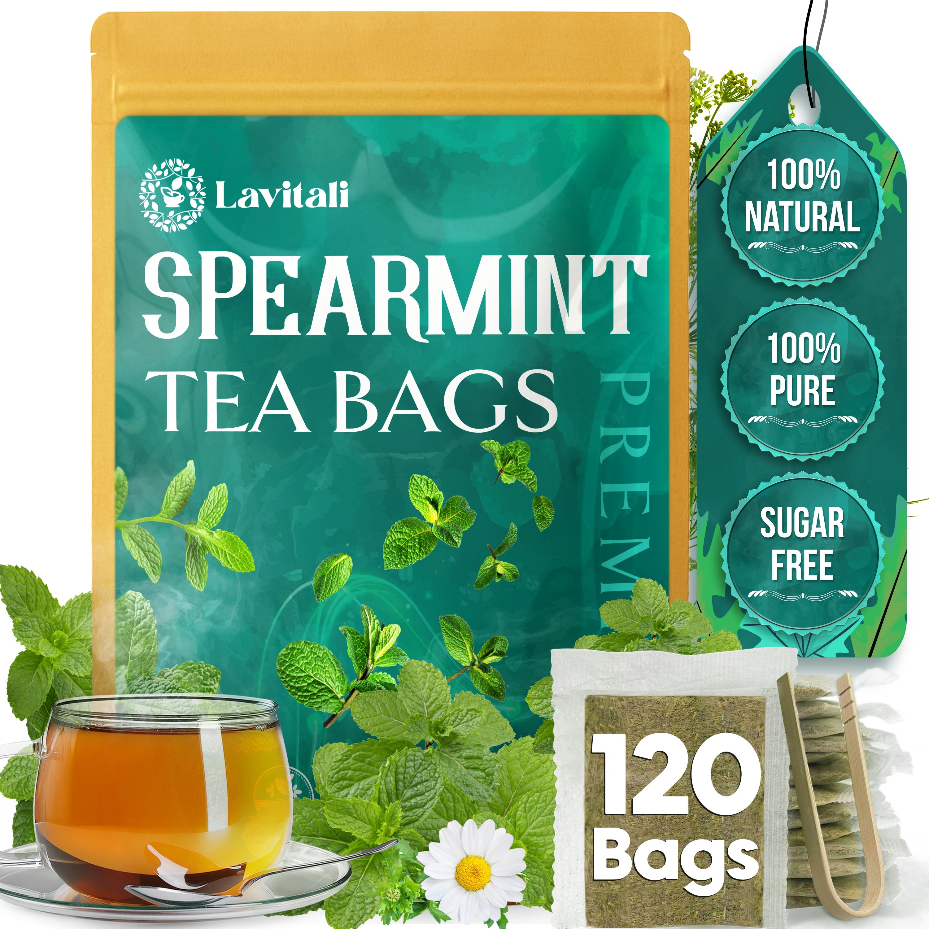 Lavitali, Spearmint Leaves Tea Bag | 100% Pure Herbal Tea | Caffeine-Free, Antioxidant-Rich, Eco-Friendly Filter Bag | Daily Natural Botanical, Hot or Iced Herbal Infusion