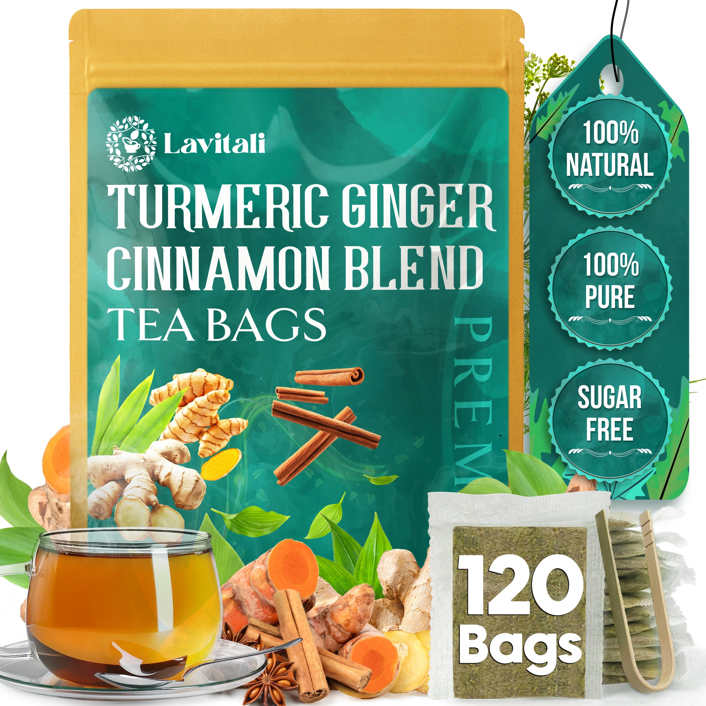 Lavitali, Ginger Turmeric Cinnamon Tea | 100% Pure Herbal Tea | Caffeine-Free, No Sugar, Eco-Friendly Filter Bag | Daily Natural Botanical, Hot or Iced Herbal Infusion