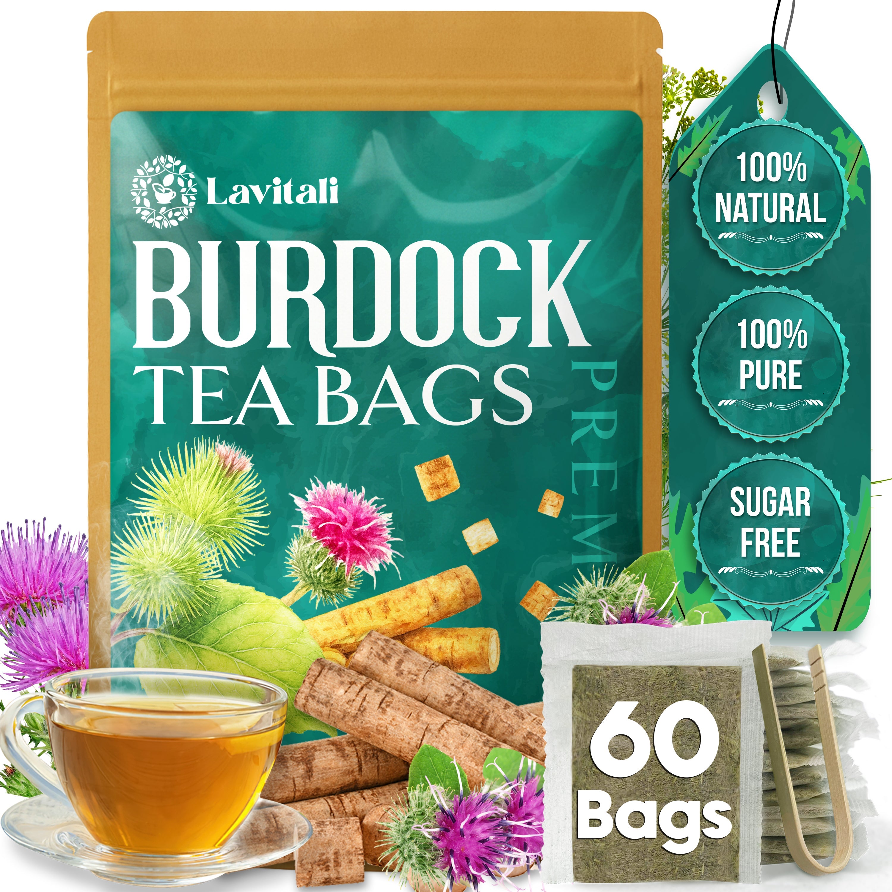 Lavitali, Burdock Root Tea Bags | 100% Pure Herbal Tea | Caffeine-Free, Antioxidant-Rich, Eco-Friendly Filter Bag | Daily Natural Botanical, Hot or Iced Herbal Infusion