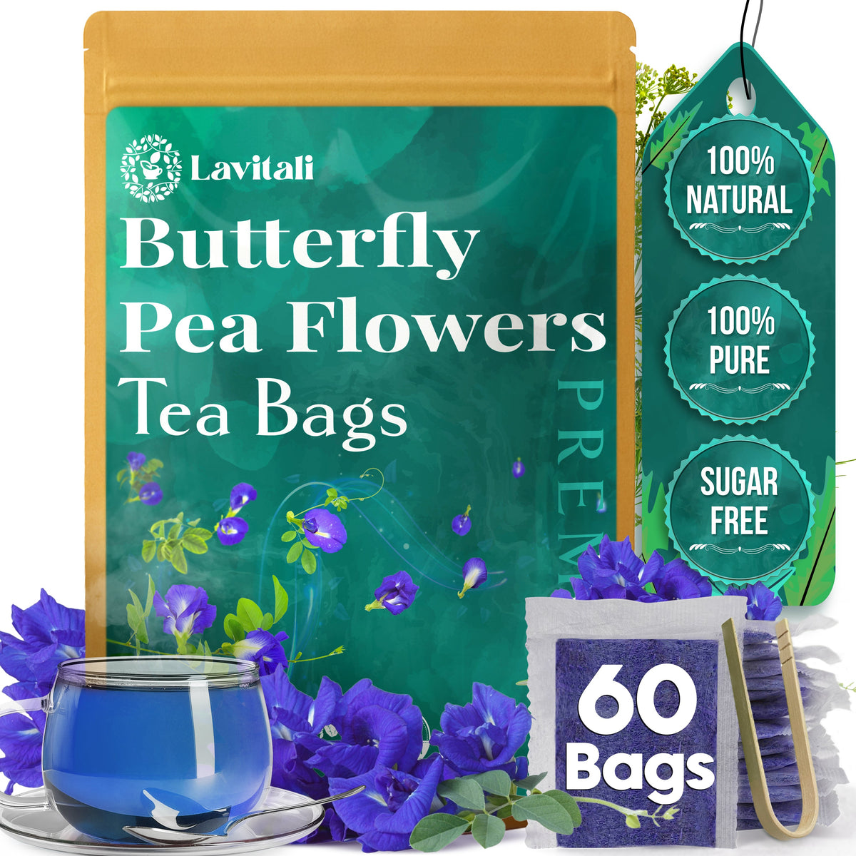 Lavitali, Butterfly Pea Flower Tea | 100% Pure Herbal Tea | Caffeine-Free, Antioxidant-Rich, Eco-Friendly Filter Bag | Daily Natural Botanical, Hot or Iced Floral Infusion