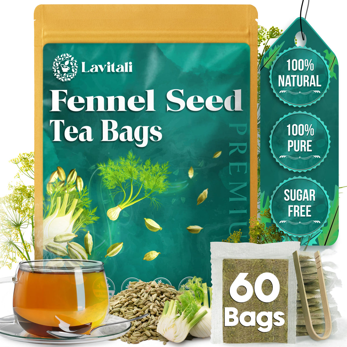 Lavitali, Fennel Tea Bags | 100% Pure Herbal Tea | Caffeine-Free, Natural Essential Oil, Eco-Friendly Filter Bag | Daily Natural Botanical, Hot or Iced Herbal Infusion