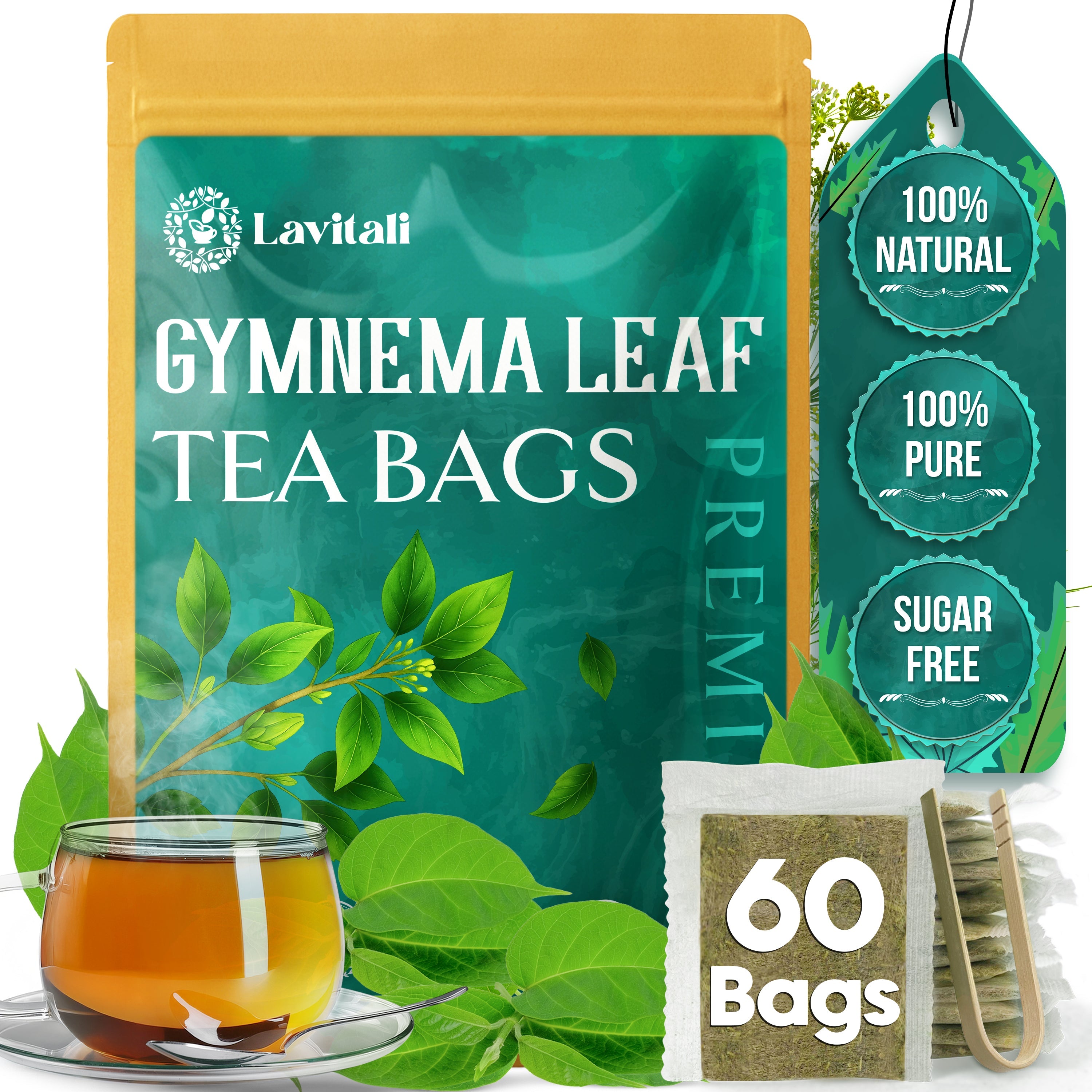 Lavitali, Gymnema Leaves Tea Bags | 100% Pure Herbal Tea | Caffeine-Free, Antioxidant-Rich, Eco-Friendly Filter Bag | Daily Natural Botanical, Hot or Iced Herbal Infusion