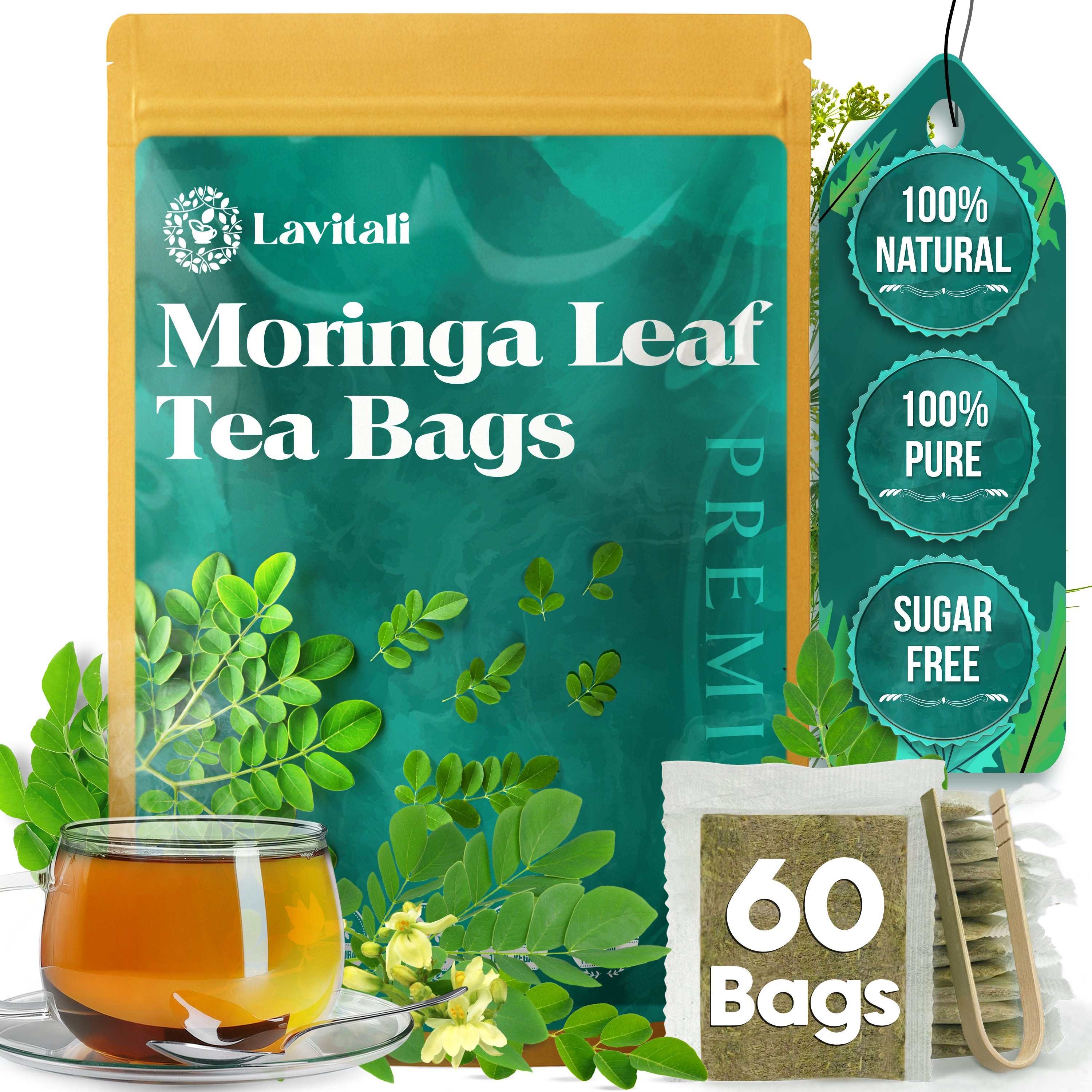 Lavitali, Moringa Leaves Tea Bags | 100% Pure Herbal Tea | Caffeine-Free, Eco-Friendly Filter Bags | Daily Natural Botanical, Hot or Iced Herbal Infusion
