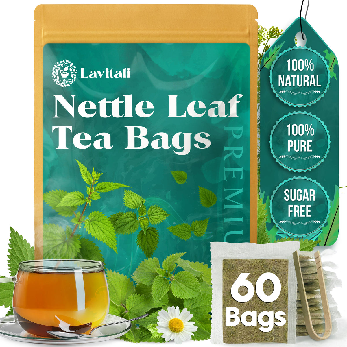 Lavitali, Nettle Leaves Tea Bags | 100% Pure Herbal Tea | Caffeine-Free, Mineral-Rich, Eco-Friendly Filter Bags | Daily Natural Botanical, Hot or Iced Herbal Infusion
