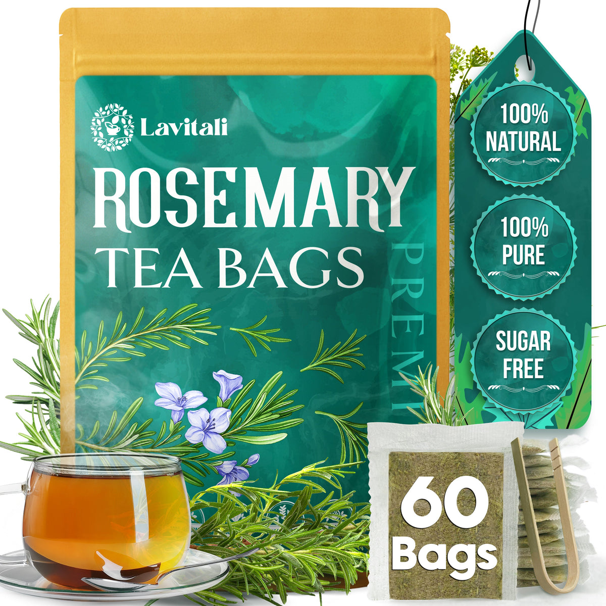 Lavitali, Rosemary Leaves Tea Bags | 100% Pure Herbal Tea | Caffeine-Free, No Sugar, Eco-Friendly Filter Bags | Daily Natural Botanical, Hot or Iced Herbal Infusion