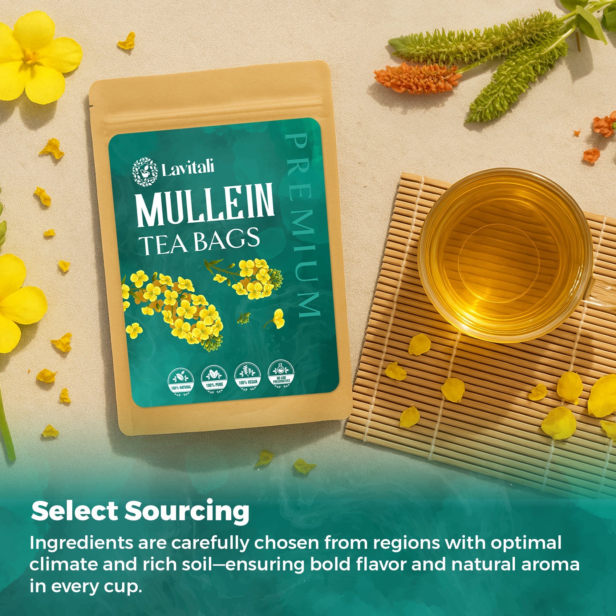 Lavitali, Mullein Leaves Tea Bags | 60 bags, 100% Pure Herbal Tea | Caffeine-Free, No Sugar, Eco-Friendly Filter Bags | Daily Natural Botanical, Hot or Iced Herbal Infusion