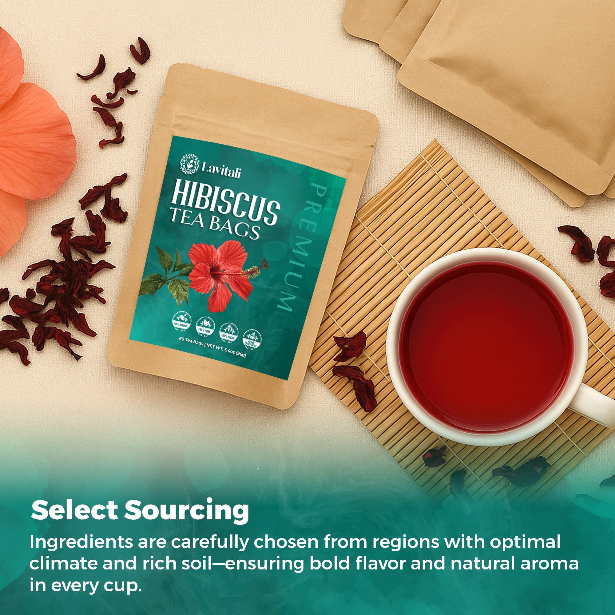 Lavitali, Hibiscus Tea Bags | 100% Pure Herbal Tea | Caffeine-Free, Antioxidant-Rich, Eco-Friendly Filter Bags | Daily Natural Botanical, Hot or Iced Floral Infusion