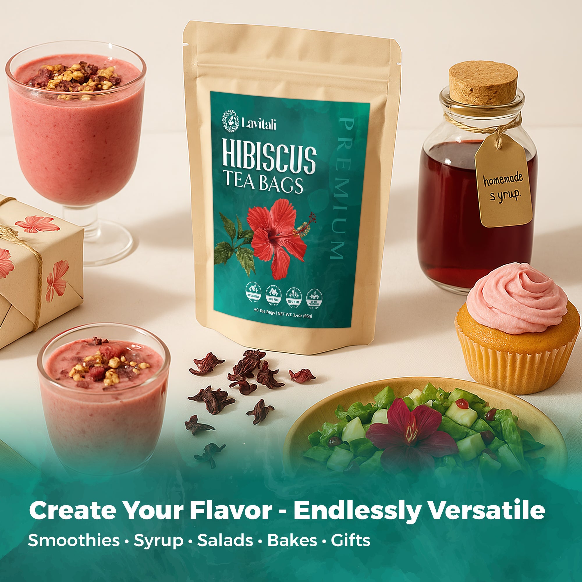 Lavitali, Hibiscus Tea Bags | 100% Pure Herbal Tea | Caffeine-Free, Antioxidant-Rich, Eco-Friendly Filter Bags | Daily Natural Botanical, Hot or Iced Floral Infusion