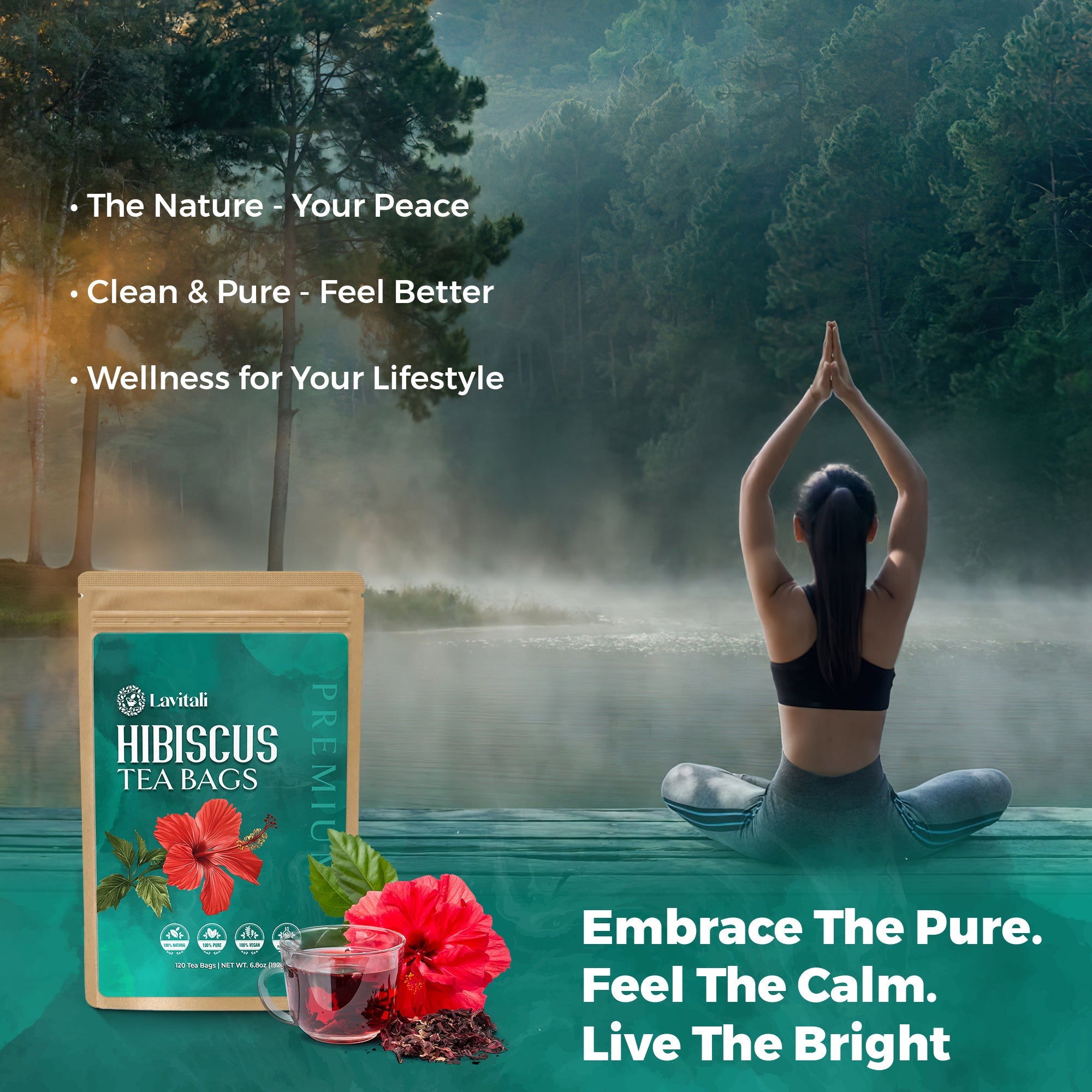 Lavitali, Hibiscus Tea Bags | 100% Pure Herbal Tea | Caffeine-Free, Antioxidant-Rich, Eco-Friendly Filter Bags | Daily Natural Botanical, Hot or Iced Floral Infusion